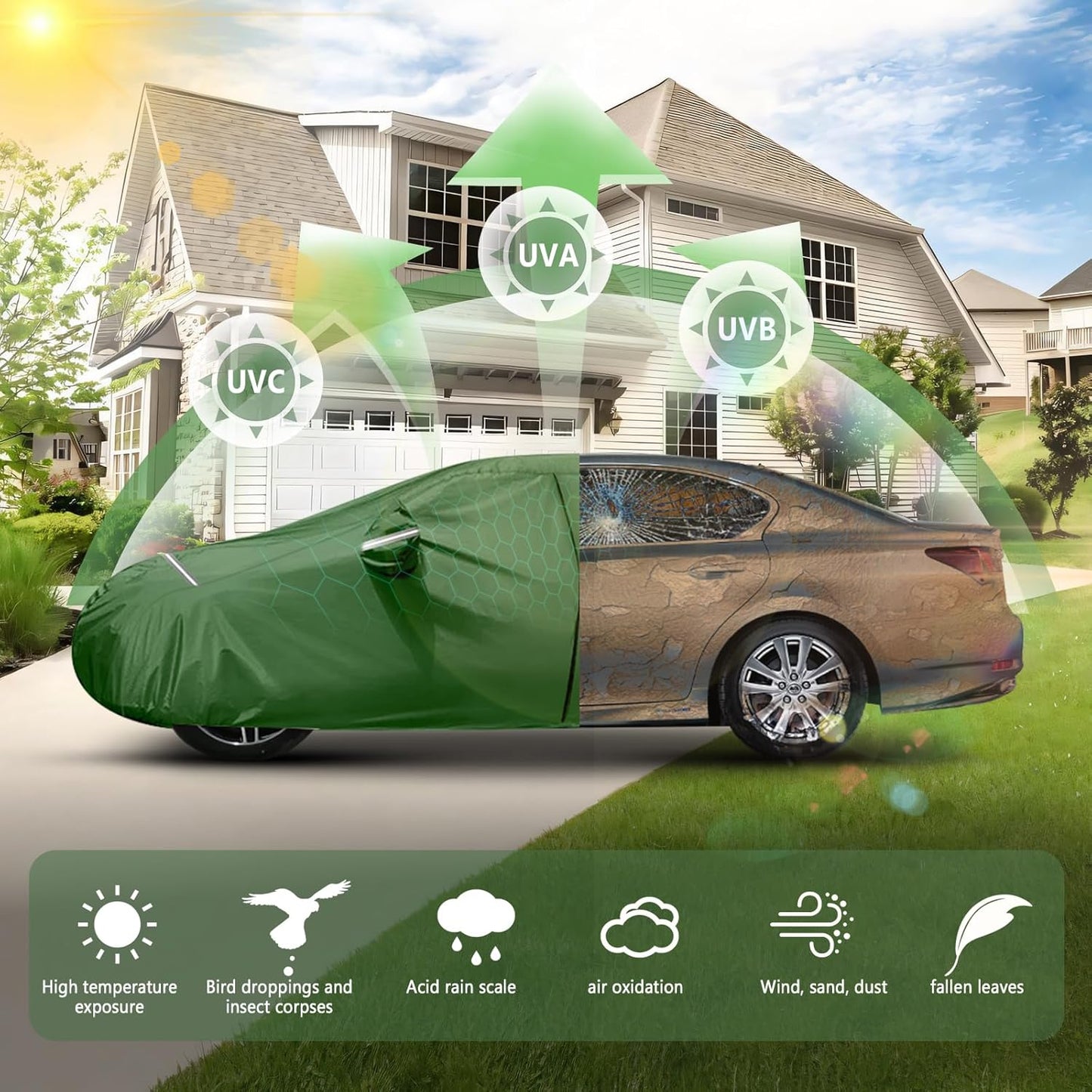 BOSSTONE Car Cover Custom Fit for Corvette C4 1984–1996, Waterproof All Weather for Automobiles Full Exterior Cover Rain Sun Snow Protector with Door Zipper (Green)