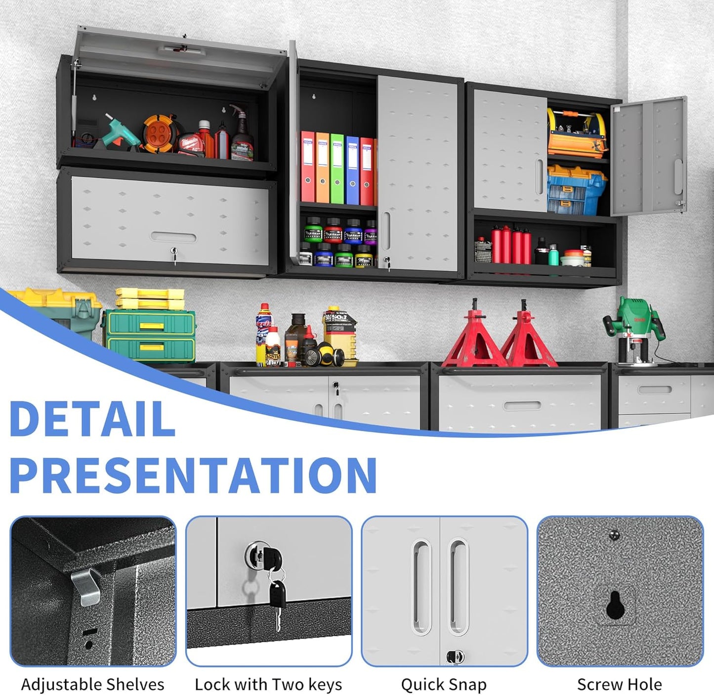 Garage Wall Mounted Storage Cabinet with Doors and Shelves, Lockable Metal Wall Cabinet, Hanging Tool Cabinet for Garage Utility Room (Black & Grey)