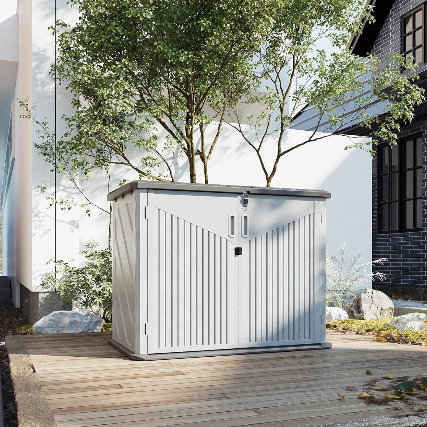 Aoxun 35 Cu.Ft Outdoor Storage Shed, Waterproof Horizontal Resin Cabinet for Trash Cans, Lawn Mowers, Generators, and Garden Tools, White