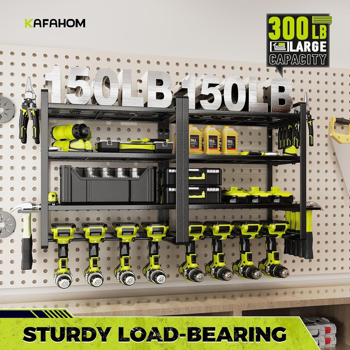 KAFAHOM Power Tool Organizer Wall Mount, 4-Tier Drill Holder for Cordless Tools, 2-Pack Set, Garage Storage Rack with Side Hooks for Hammers & Pliers, Tool Organizer for Workshop/Utility Room