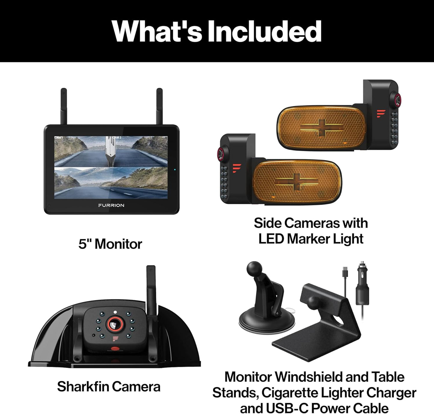 Furrion Vision S+ RV Backup Camera/Observation System with 5" Monitor, Left/Right Side Cameras, Rear Sharkfin, Infrared Night Vision, Live Streaming, Wide Viewing Angle - FOS5HTAEN