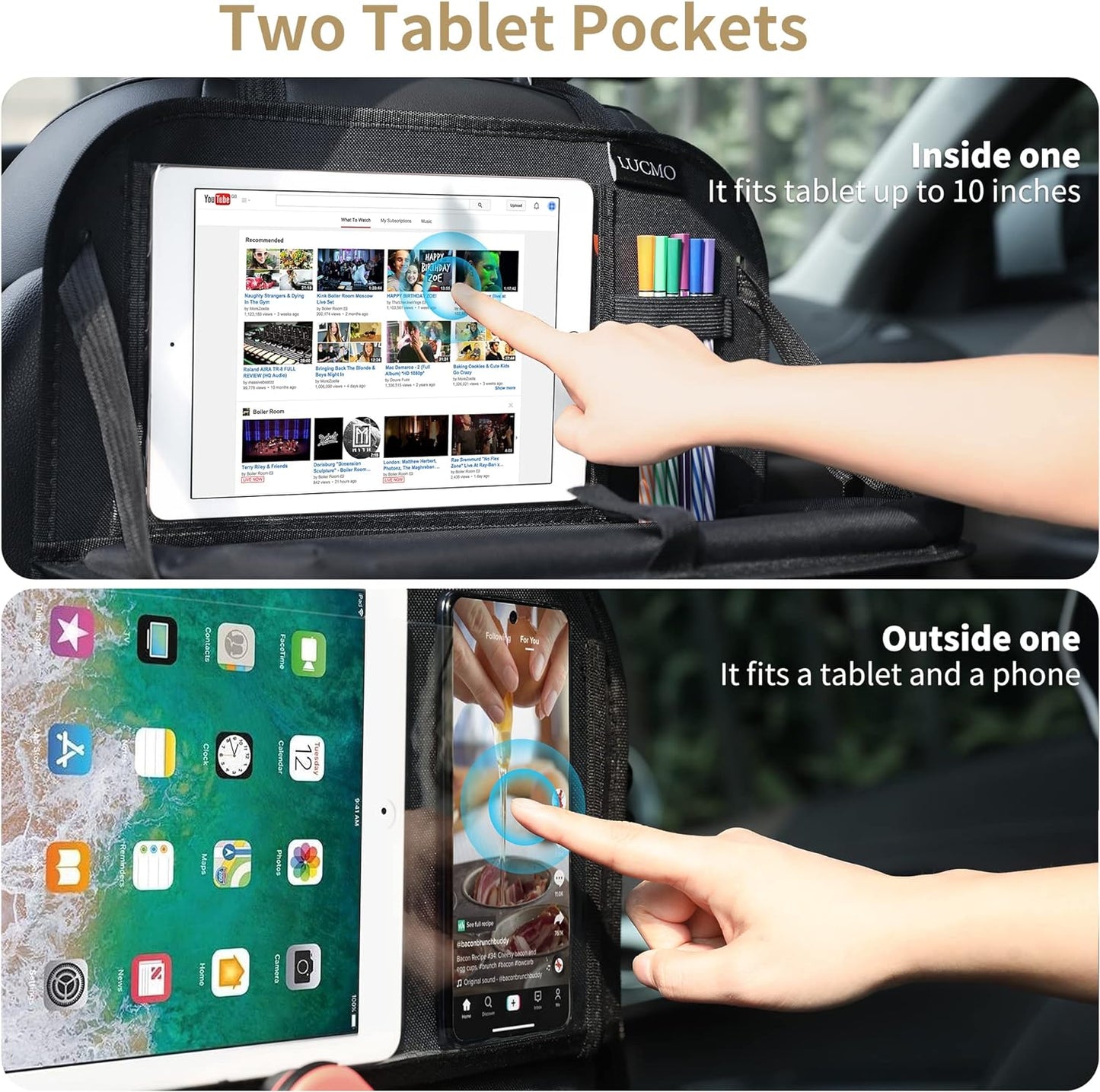 LUCMO Car Backseat Organizer with Touch Screen Tablet Holder,9 Storage Pockets Storage Organizer,Protectors Kick Mats Travel Accessories (Black, 2 Pack with Food Tray)