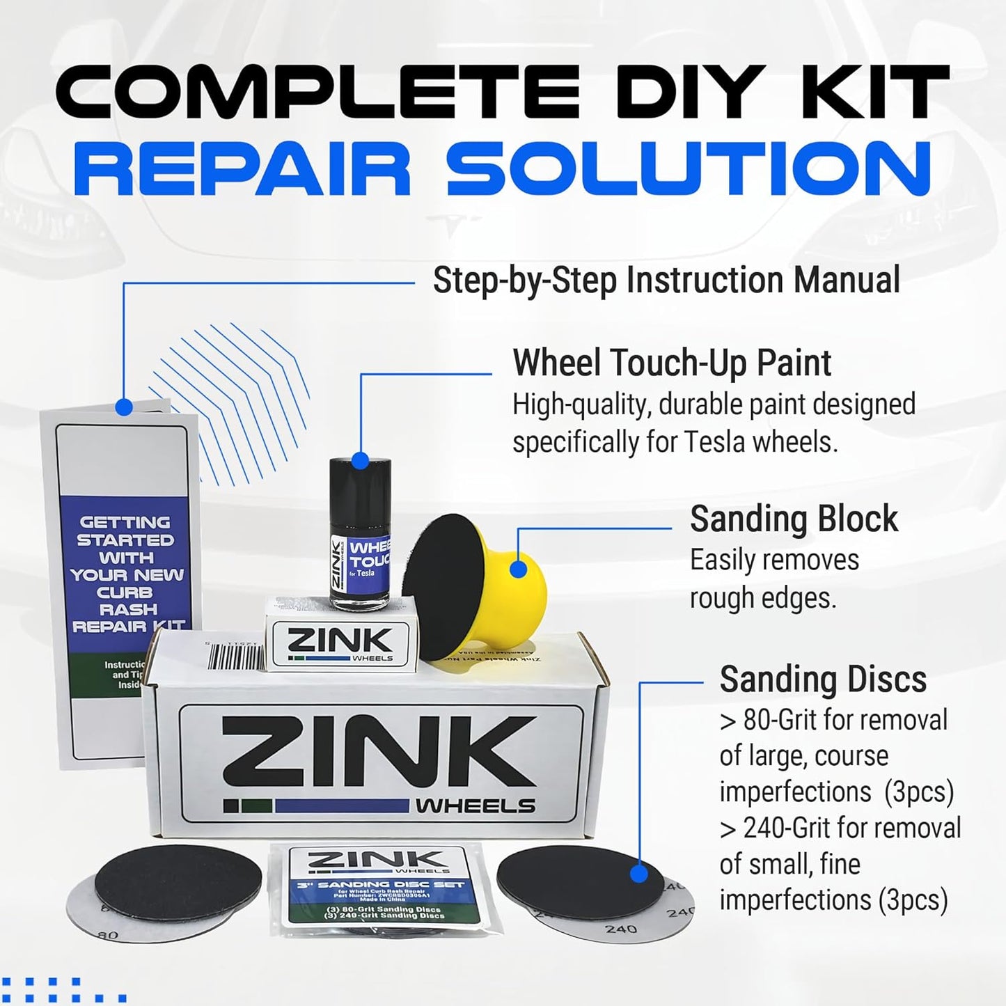 Premium Tesla Wheel Curb Rash Repair Kit for Model Y 19-inch Dark Gemini Rims - DIY Kit with Color-matched Touch Up Paint - Made in USA