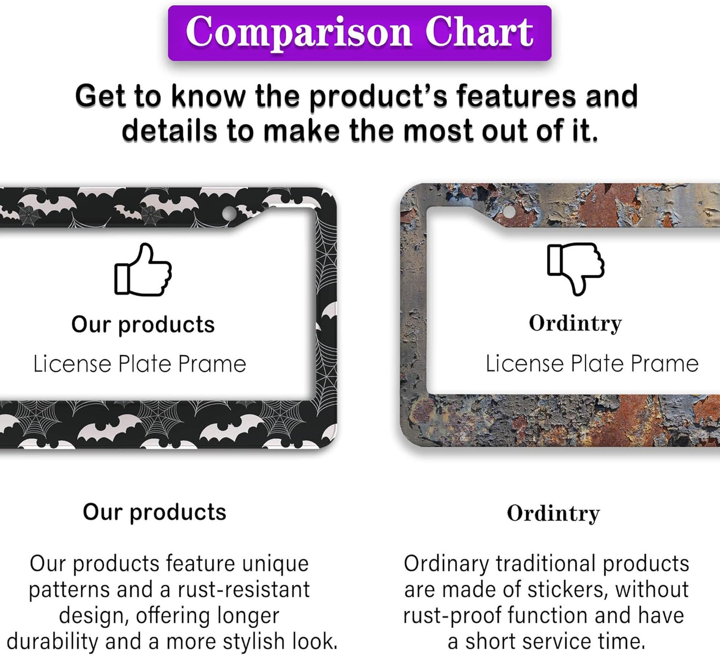 License Plate Frame Black and White License Plate Holder Spider Web Bat Universal Aluminum Car Accessory 2 Pack with Screw Covers Set