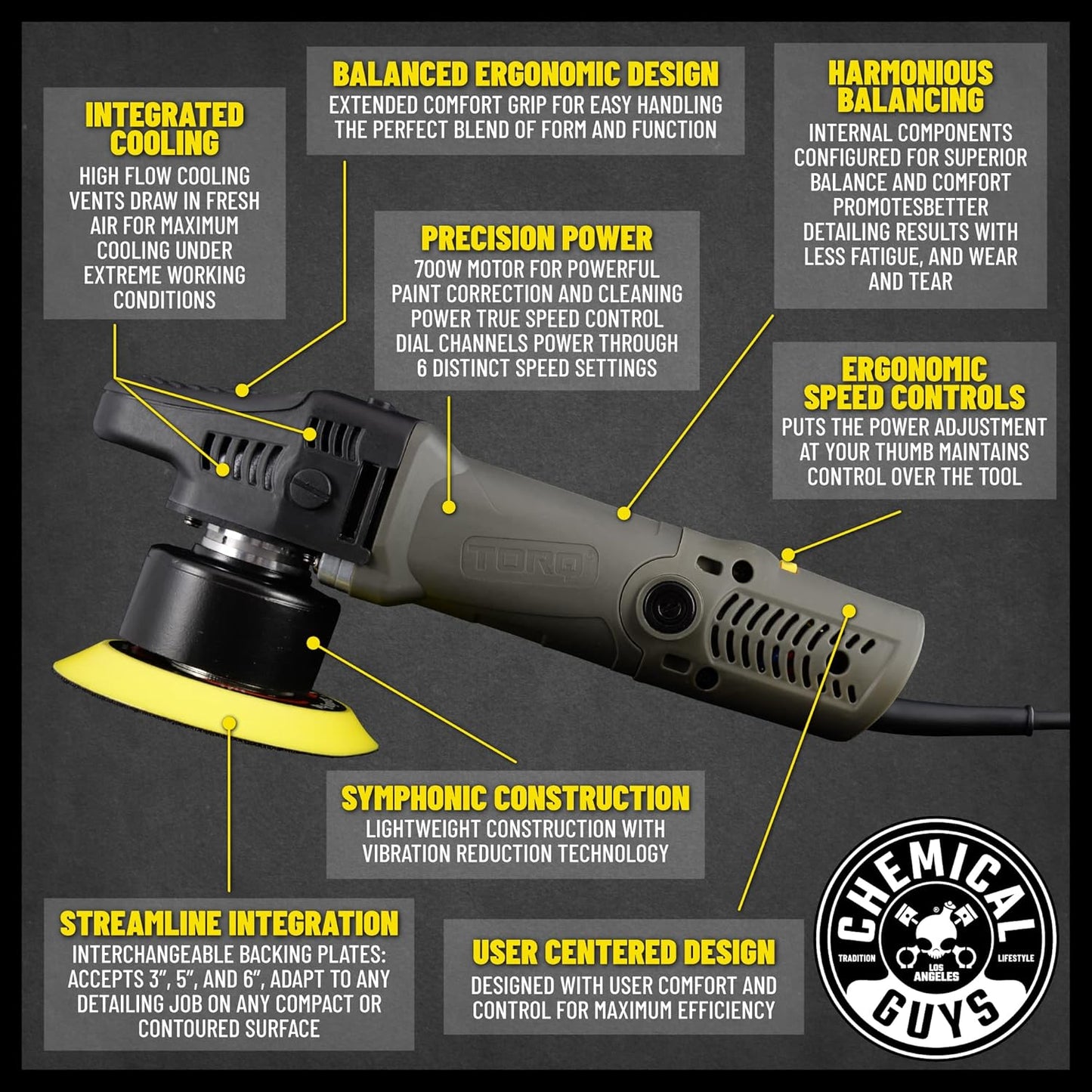Chemical Guys BUF503 TORQX Random Orbital Polisher (Safe for Cars, Trucks, SUVs, & More) 700W, Orbit 8mm, 4.7 lb
