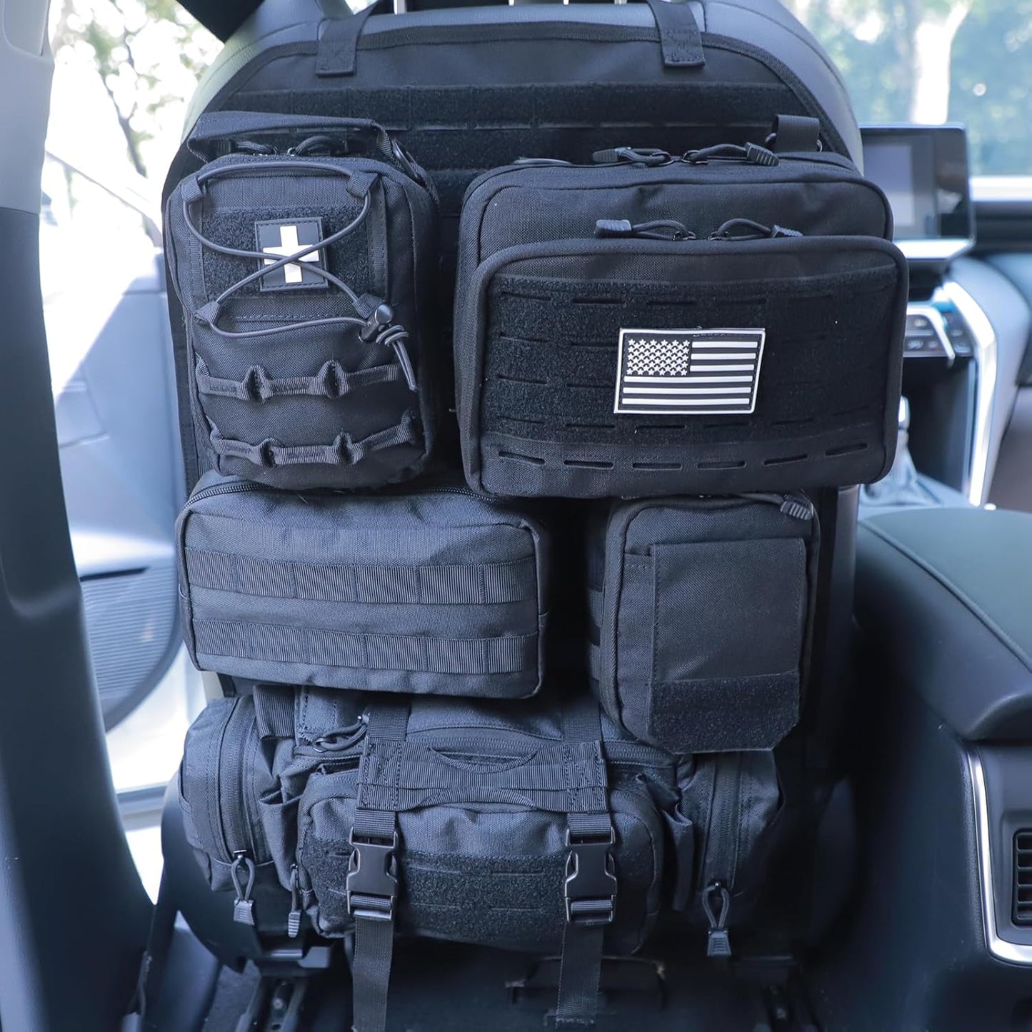 Universal Tactical Seat Back Organizer Vehicle Molle Panel Organizer Storage Bag with 5 Detachable Molle Pouch for All Vehicel Such as Jeep,Truck,SUV, Car, Ford,Chevy etc
