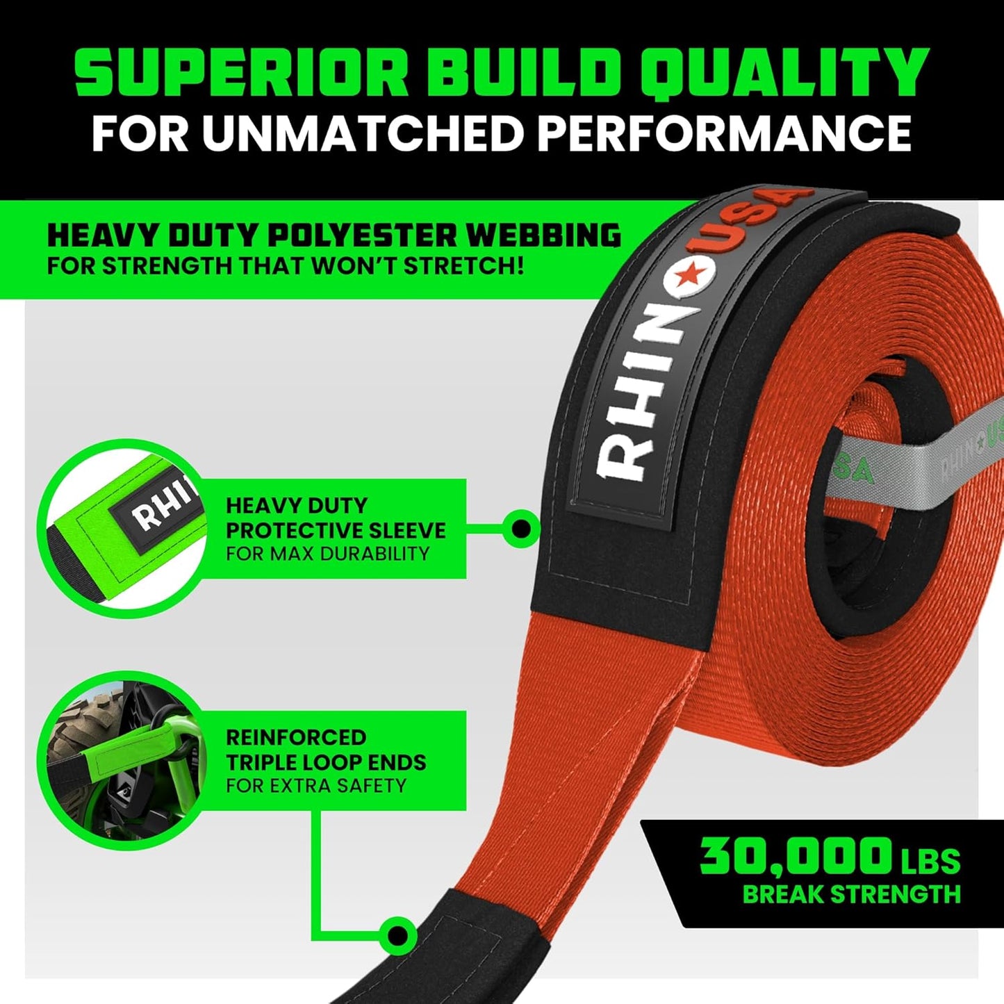 Rhino USA Recovery Tow Strap (3"x20') - 31,518lb Break Strength- Emergency Recovery Strap Tow Rope for Truck, UTV, ATV & More - Heavy Duty Towing Strap for Offroad 4x4 Use - Compatible with Jeep (Red)