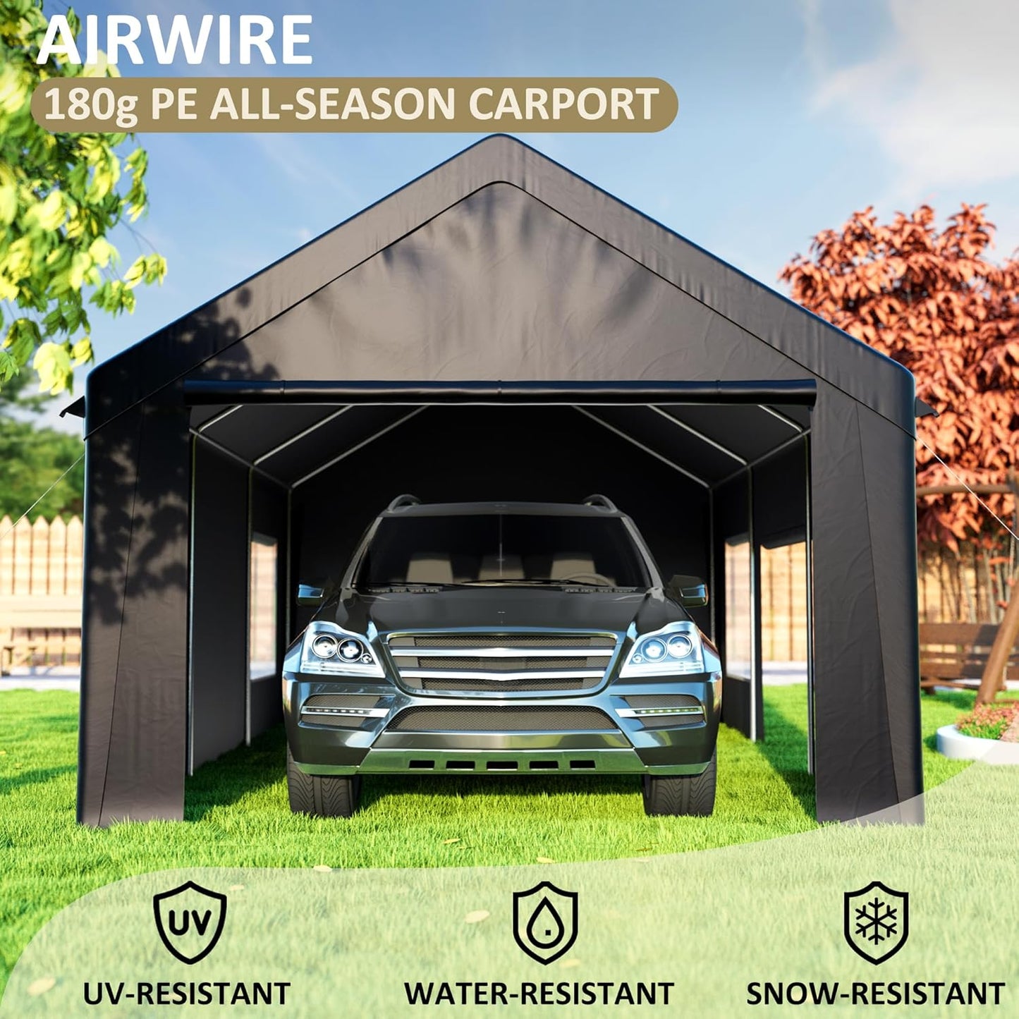 Carport 12' x 20' Heavy Duty Portable Garage, Carport Canopy with Side-Opening Door & Roll-Up Windows, Car Canopy Reinforced Four-Hole Base for Car, Truck, Boat, Party, Black