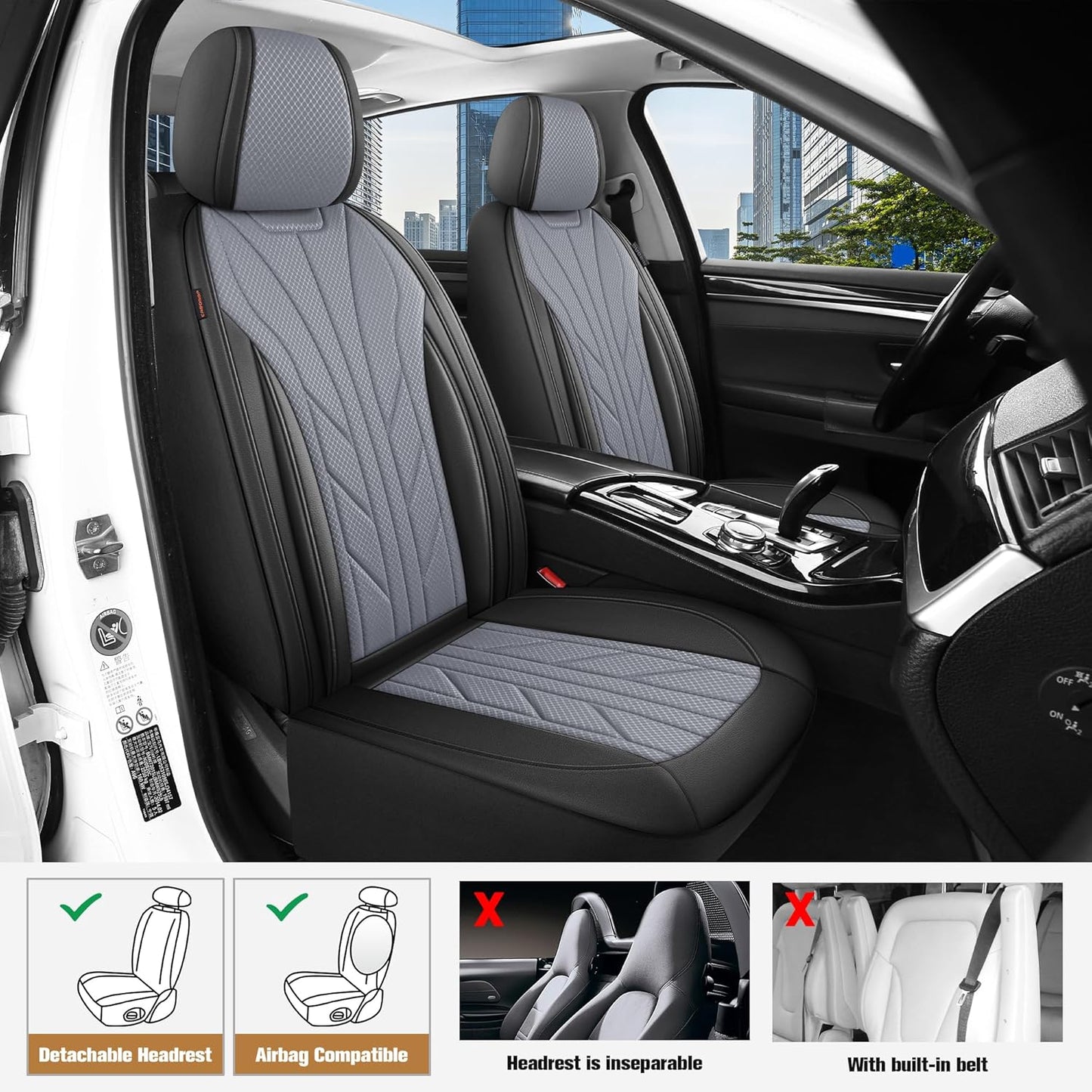 CAROMOP Luxury Faux Leather&Fabric Car Seat Covers 2 Front Seats with Breathable 3D Foam Back Support, Universal Seat Covers for Cars,Trucks,SUVs, Front Armrests Compatible(Black/Grey)