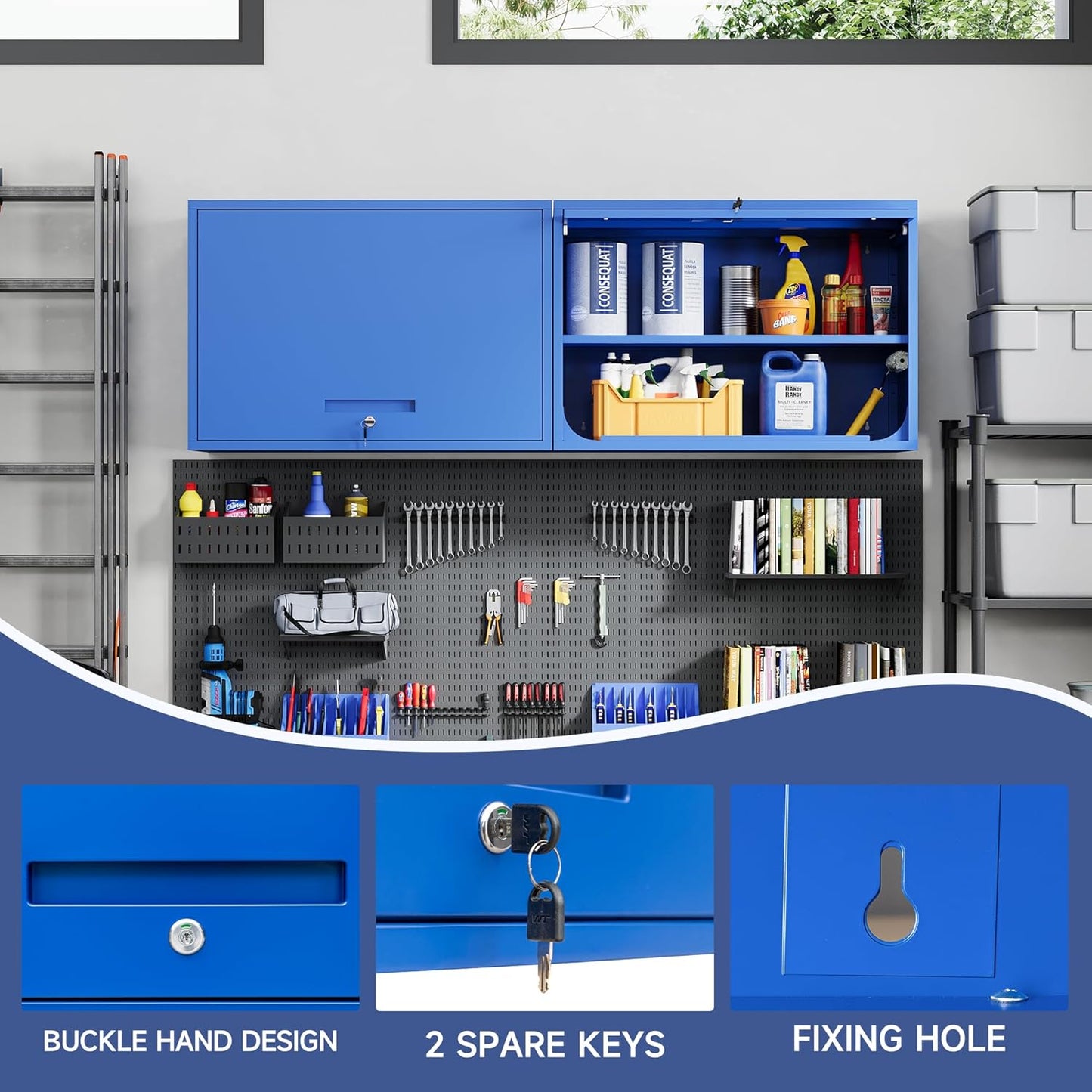 Metal Wall Cabinet with Locking Door and Shelf, Hanging Garage Cabinets with Up-Flip Doors for Garage, Warehouse, Home, Office, Assembly Required (Blue, One Cabinet)