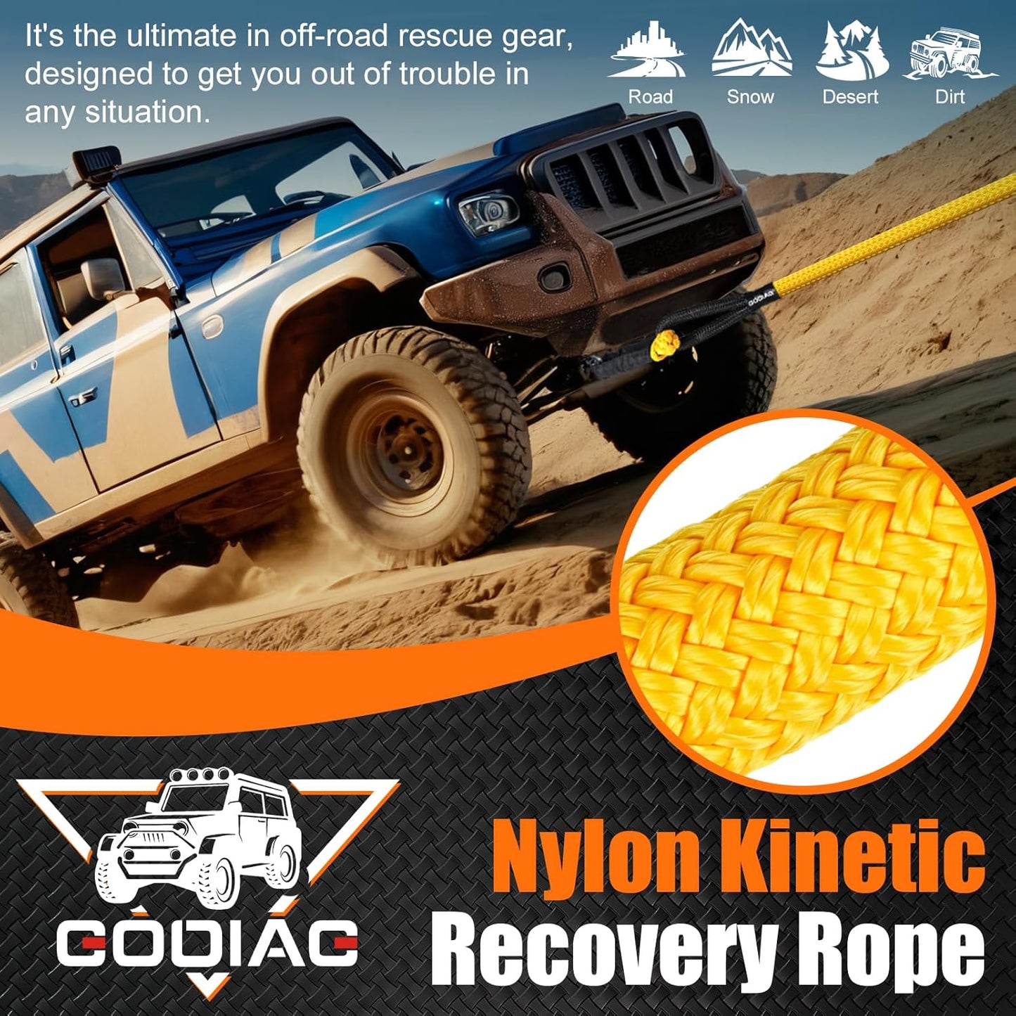 GODIAG 1"×20ft Kinetic Recovery Rope (33000lbs) Heavy Duty Energy Tow Rope with 2 Soft Shackles, Offroad Power Stretch Snatch Rope for Truck Jeep Car ATV UTV Tractor