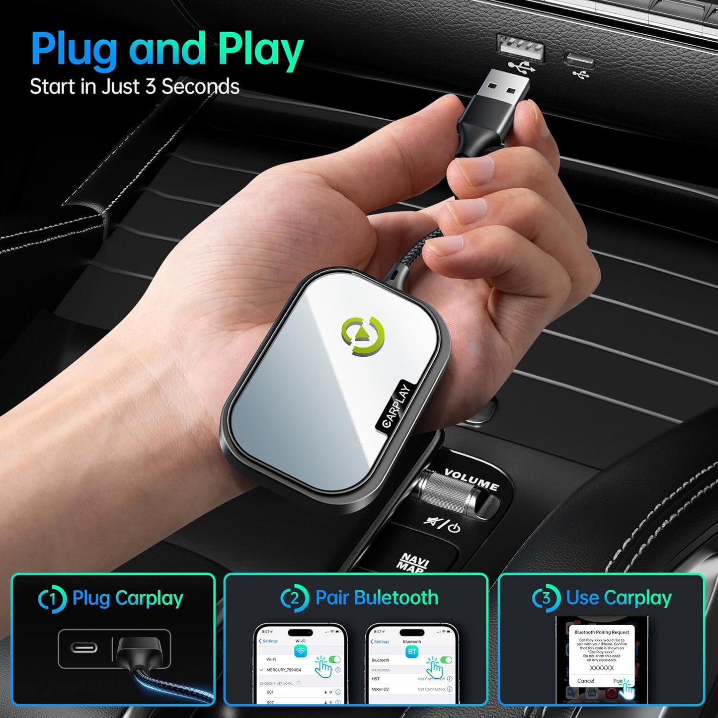 Wireless CarPlay Adapter for Apple iPhone, Converts Factory Wired CarPlay to Wireless CarPlay 2024 Upgrade Plug & Play Auto Connect Fast Easy Use for Cars from 2017 & iPhone iOS 10+ Matte Black