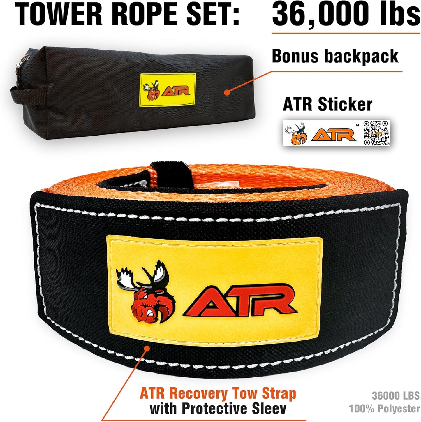 ATR Recovery Tow Strap 3.5" x 20ft – 36,000 lbs Break Strength, Heavy Duty Snatch Strap for Truck, SUV, UTV, Off-Road Pulling, Tow Rope with Storage Bag