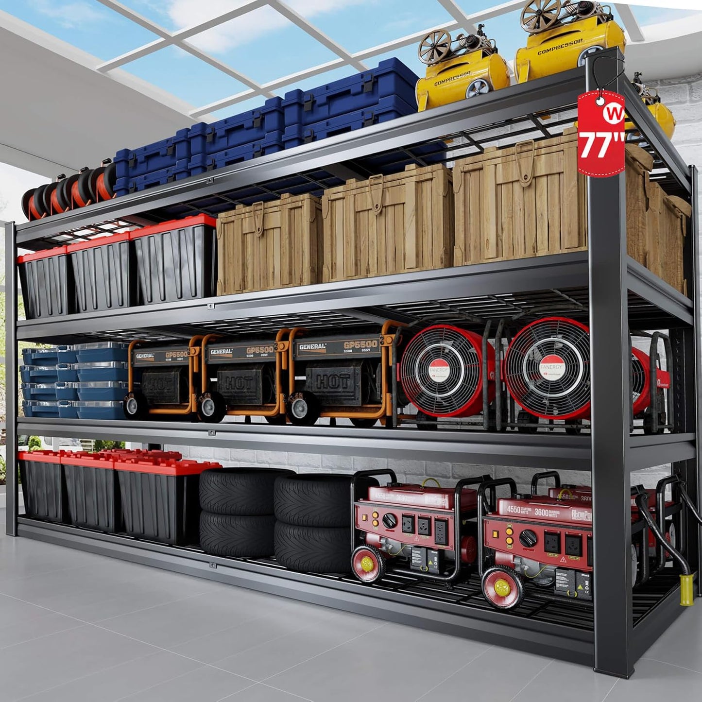 77" W Storage Shelves Heavy Duty Garage Shelving 4 Tier Metal Shelving Unit, Adjustable Shelves, 5000LBS Steel Industrial Shelving for Basement Warehouse Commercial, 77" W*24" D*72”H, 2 Pack