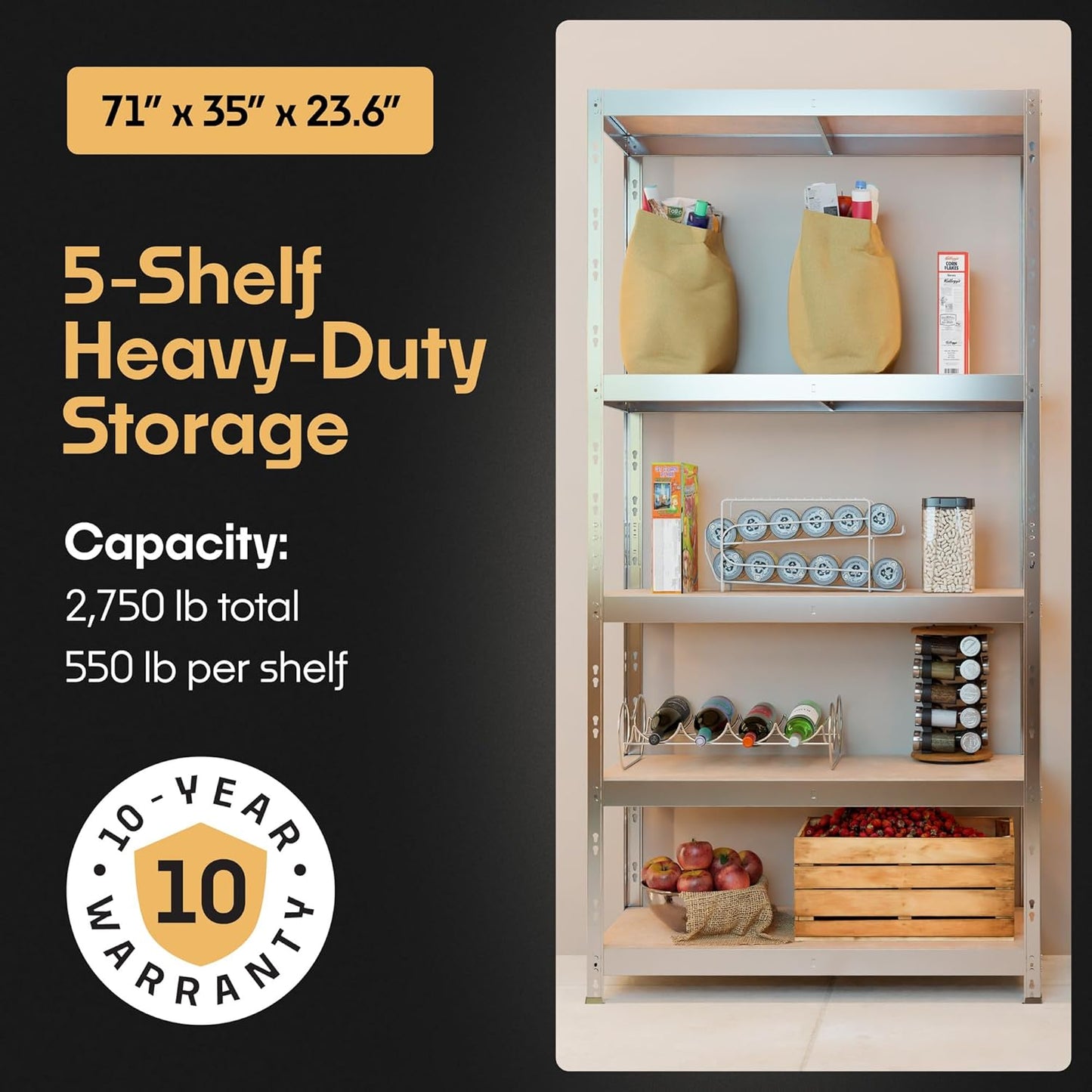 Storage Shelves: 5 Storage Shelves Heavy Duty w/ 2,750 lb Total Load Capacity, 550 per Storage Shelf, 71x35x24 | Perfect Solution for Your Storage Needs | Adjustable Shelving Unit
