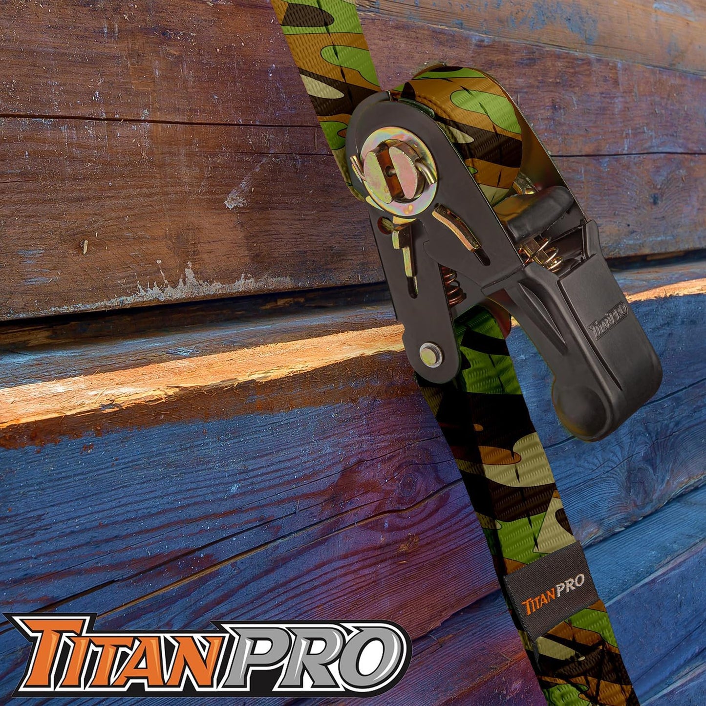 TitanPro Heavy Duty Ratchet Straps 4-Pack - 2,200lb Break Strength, 1" x 15' Rachet Tie Downs with Padded Handles - Heavy Duty, Truck, Motorcycle, Moving Straps (Camo)