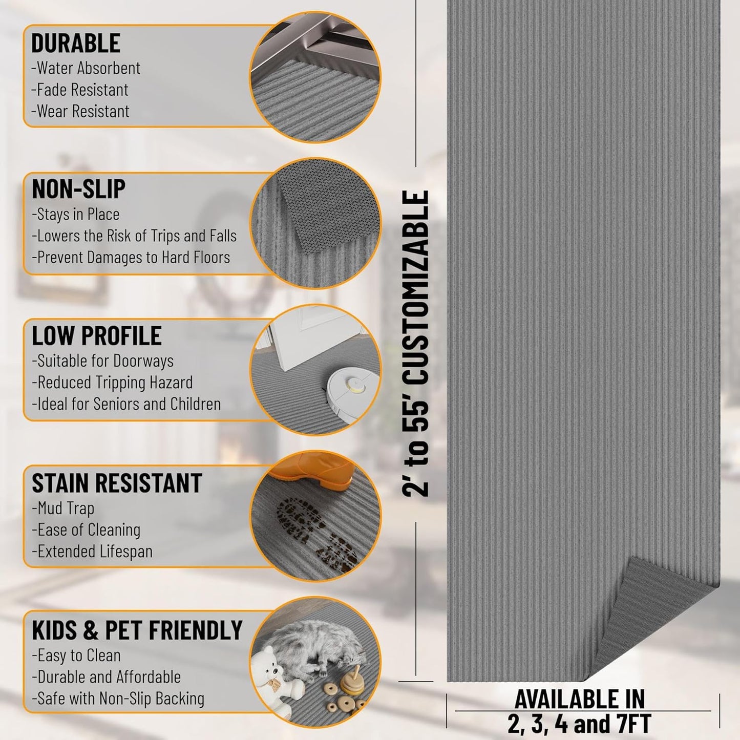 Ottomanson 2' x 38' Hallway Runner with Scraper Pile Extra Durable Non-Slip Rug Mat for Indoor & Outdoor Use - Ideal for Kitchen, Entryway, Patio & Garage - High-Traffic Carpet, Gray