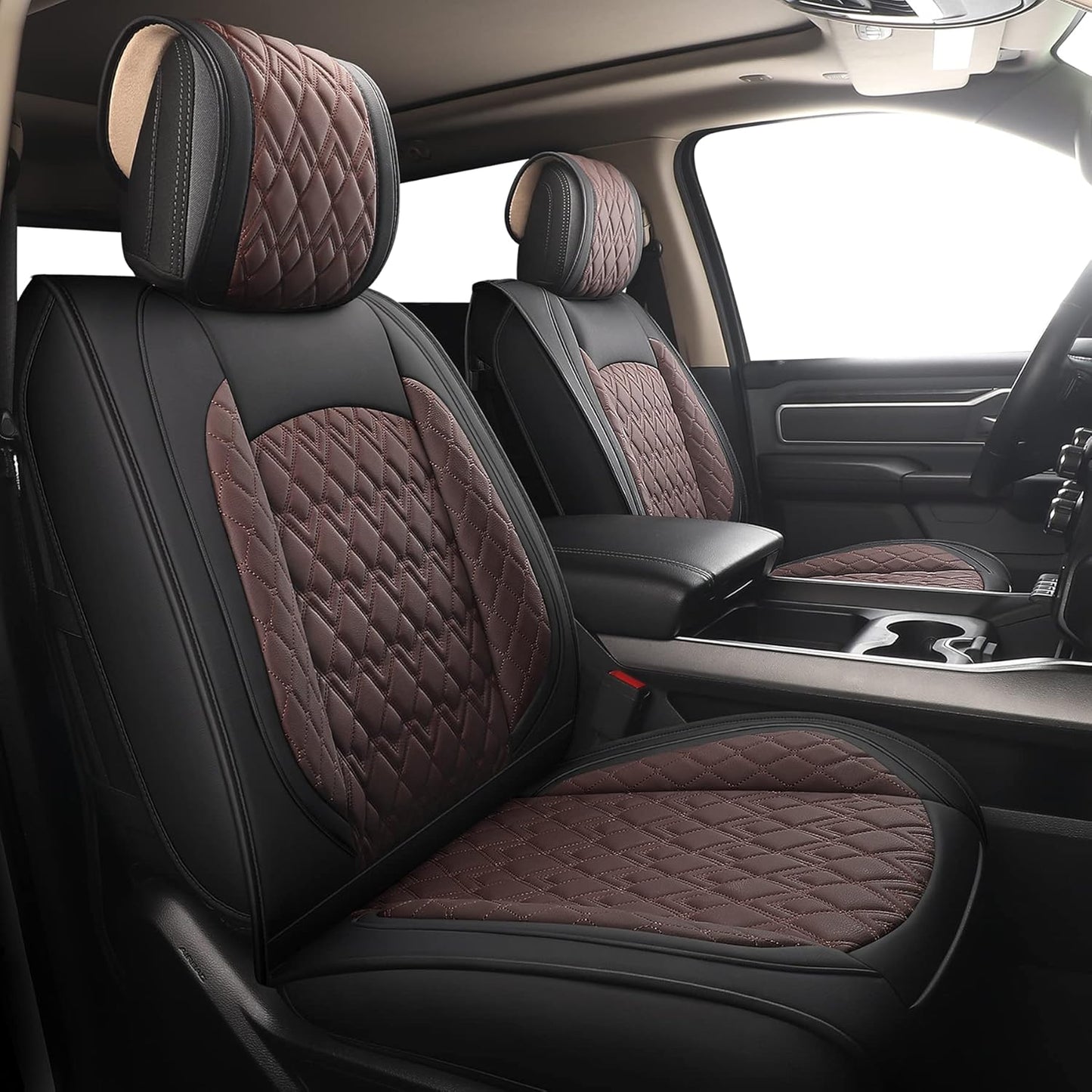 JOJOBAY Car Seat Covers for Dodge Ram Full Set,Fit Ram 2009-2025 1500/2500/3500 Pick-up Truck,Crew,Regular,Quad,Mega Cab,Waterproof Leather Seat Covers Protectors（5PCS Full Set,Black-Brown）