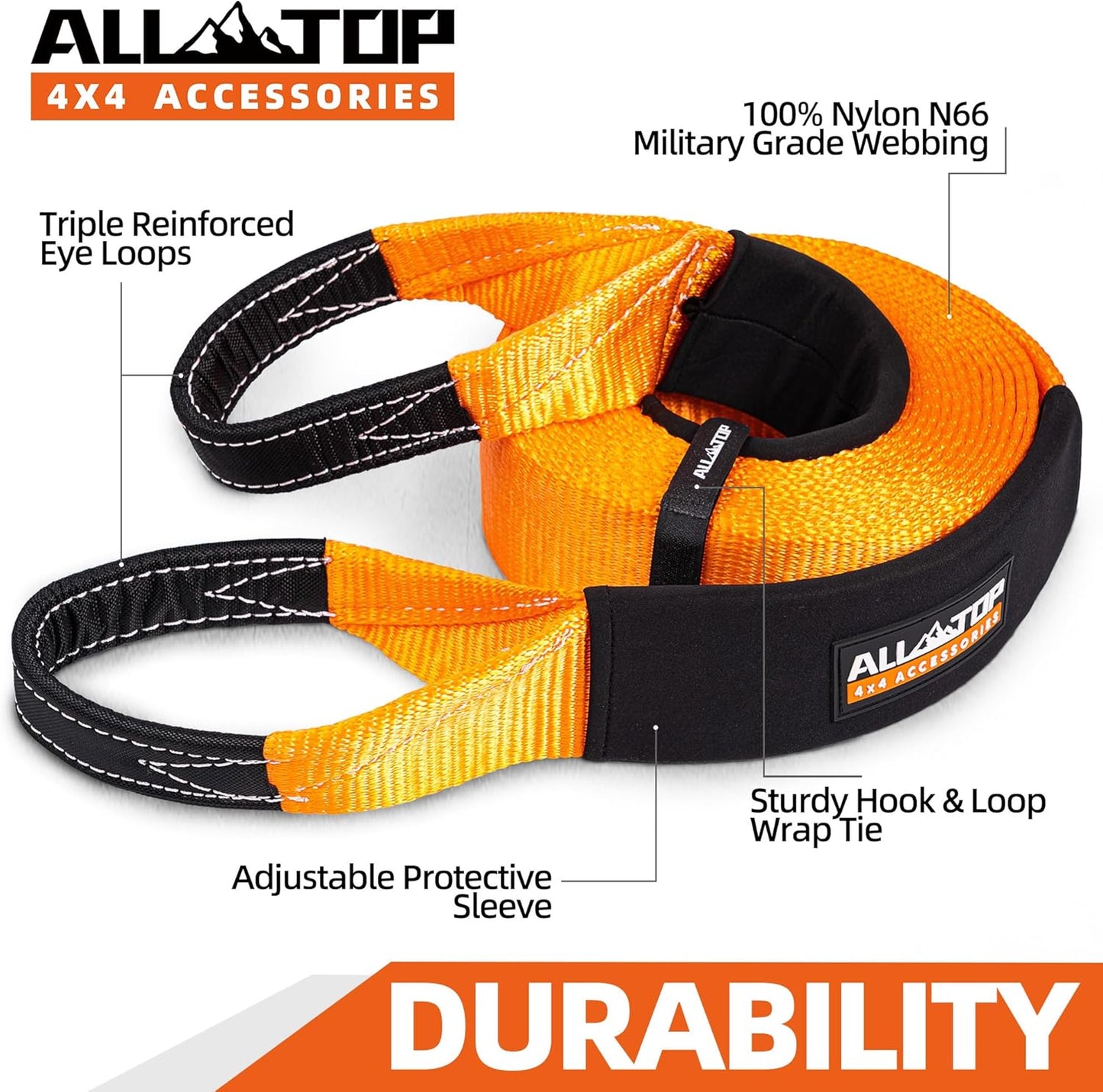 ALL-TOP Recovery Snatch Strap, 3in x 20ft - 35000Lbs, Heavy Duty 100% Nylon Kinetic Towing Recovery Strap with 22% Elongation & Reinforced Loops