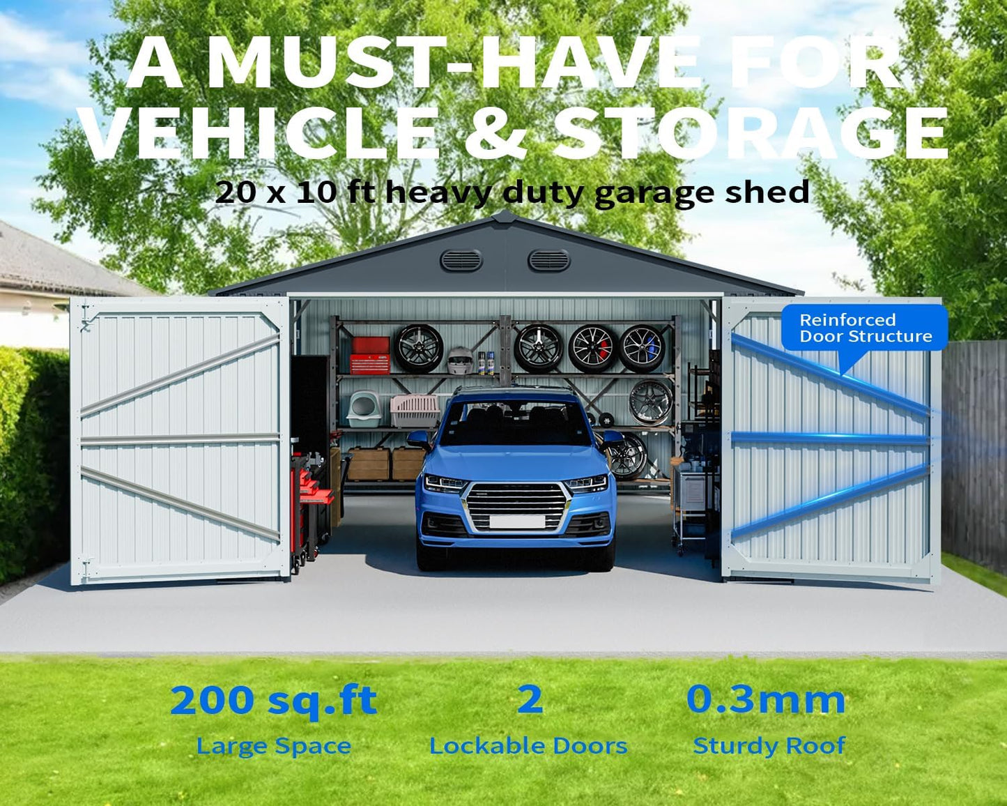10x20 FT Outdoor Storage Shed, Metal Garage Shed with 2 Lockable Doors, Large Metal Building with 4 Air Vents, Galvanized Steel Prefab Garage Sheds for Car, Truck, Tool, Dark Gray