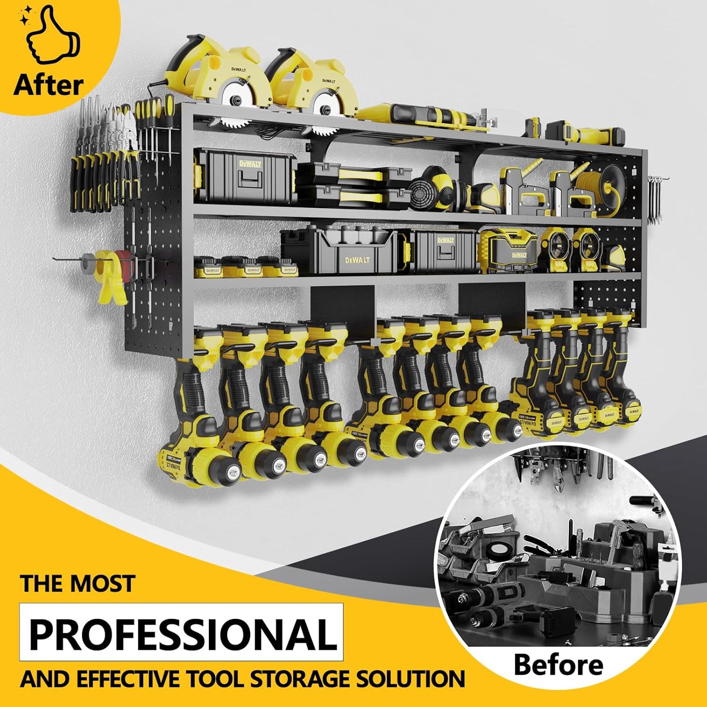 Large Power Tool Organizer Wall Mount, 4 Layer 49" W Heavy Duty Metal Tool Storage Rack with 12 Drill Holder, Utility Racks for Garage Workshop, Ideal Garage Organization Gifts for Men