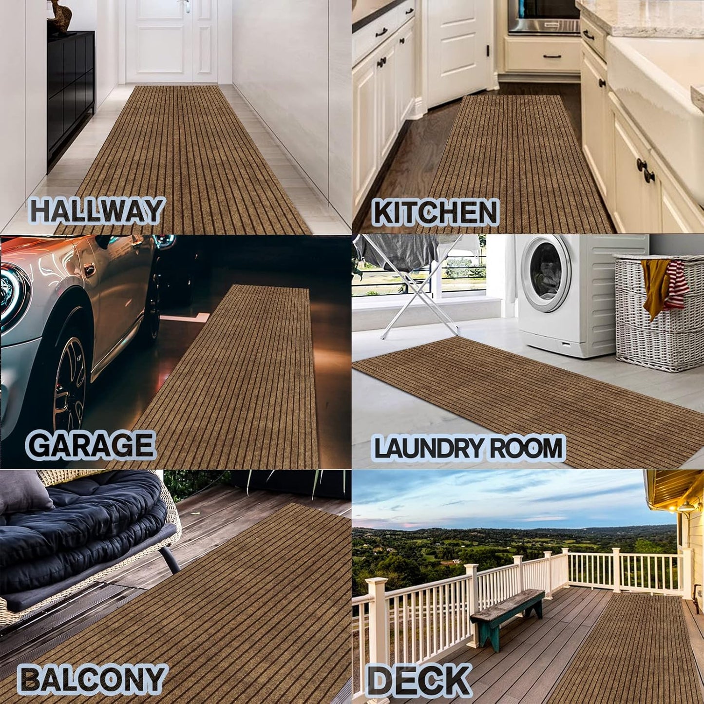 Custom Size Backed Non-Slip Area Rugs Runner, Easy Clean, Waterproof Runner Rugs for Hallway Entryway, Kitchen, Laundry, 3FT x 49FT, Brown Stripe