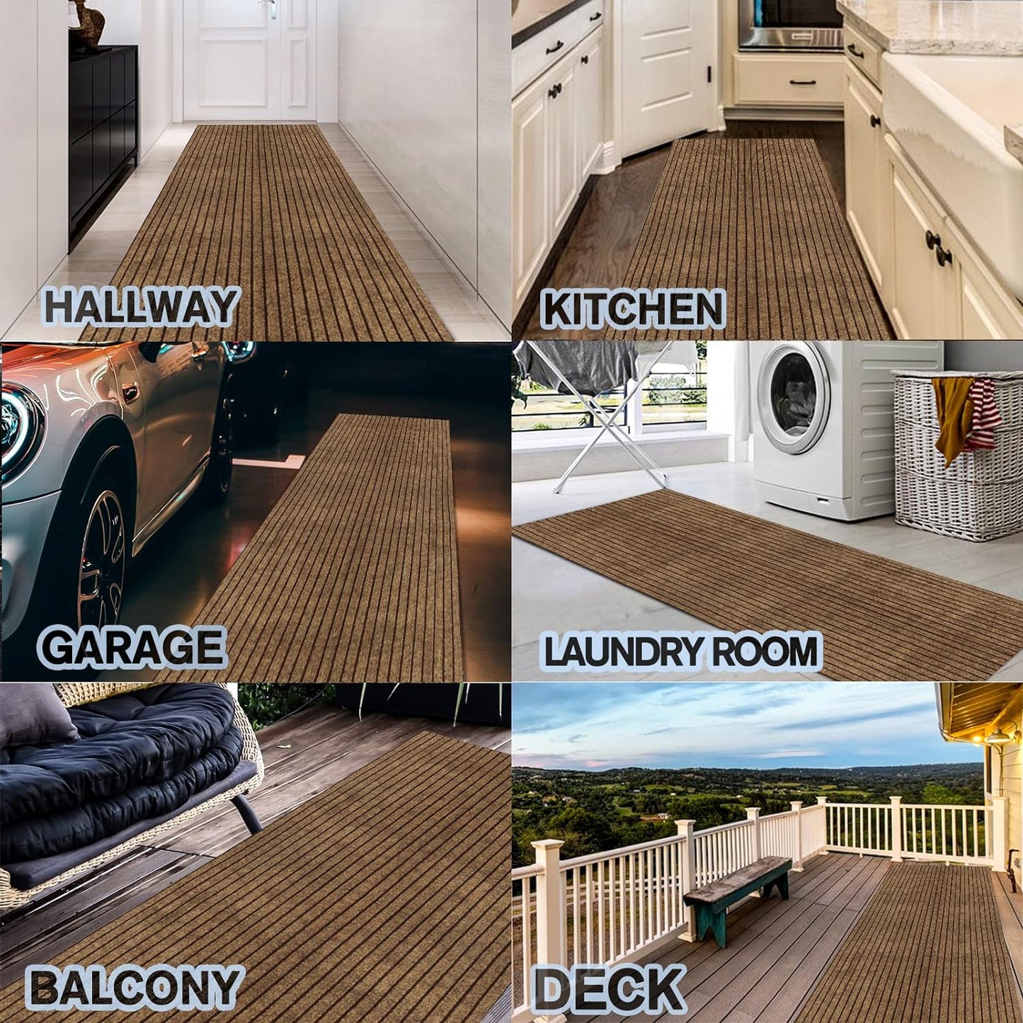 Custom Size Backed Non-Slip Area Rugs Runner, Easy Clean, Waterproof Runner Rugs for Hallway Entryway, Kitchen, Laundry, 2FT x 38FT, Brown Stripe