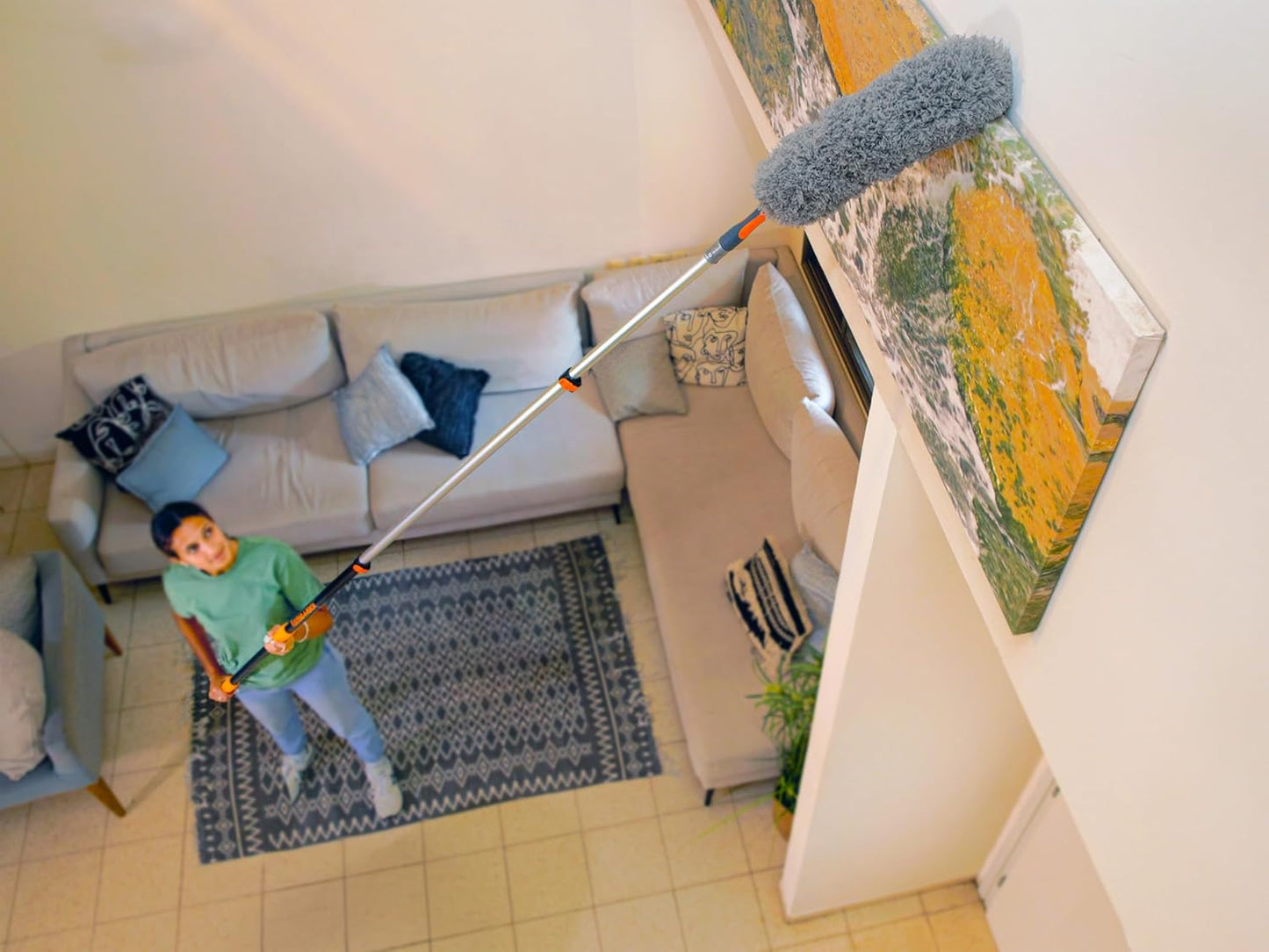 24 Feet High Reach Ceiling Dusters Set with 5-18 ft Extension Pole for Cleaning // Extendable Telescoping Long Reach Cobweb & Feather Dusters for High Ceiling // Extendable Ceiling Fan Blade Cleaner