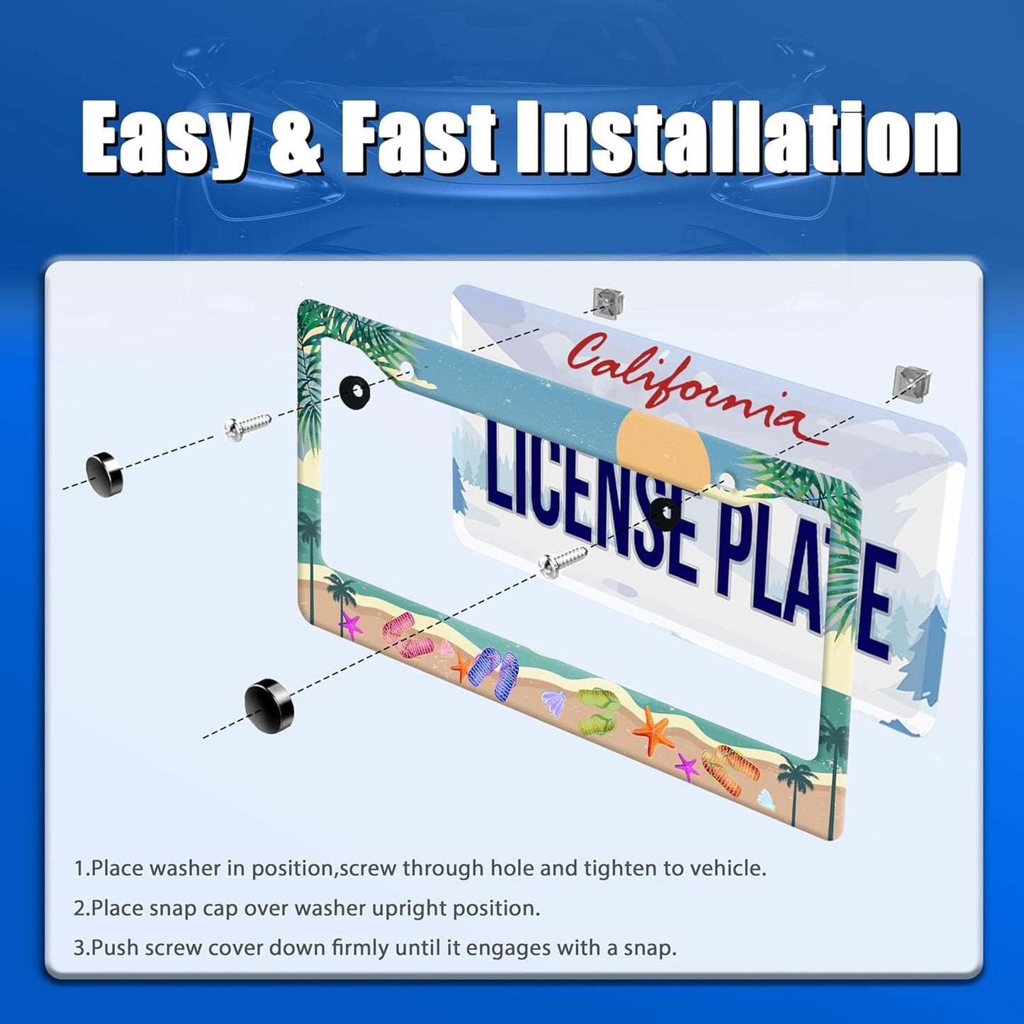 Summer Beach License Plate Frame Flip Flops License Plate Stainless Steel Funny License Plate Holder Personalized Beach Car Accessory Decoration 12.3" x 6.3"for Men Women