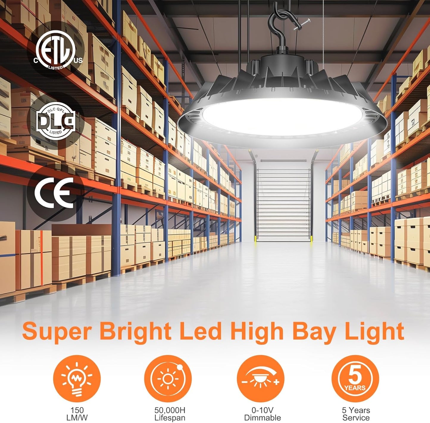 LED High Bay Lights, Super Bright 150W UFO High Bay LED Shop Lights, 22500LM 5000K, 0-10V Dimmable, 5' Cable Plug, IP65 Waterproof, ETL Listed Plug & Play Lighting High Bay for Gym Factory Warehouse