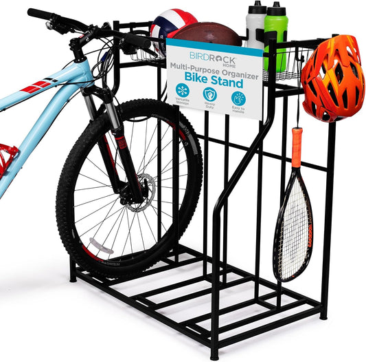 BIRDROCK HOME Bike Rack Garage Storage Floor Stand - Freestanding Organizer for Outdoor Yard - Upright Wall Mount for Scooters, Rakes, Motorcycles, Hoverboards, Gloves - Holds 3 Bicycle - Black