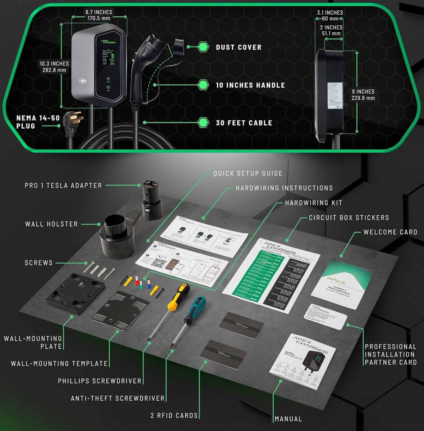 MACH 1: Fast 48 Amp Level 2 EV Charger, Wall-Mount Electric Vehicle Charging Station, 200-240V Hardwire or NEMA 14-50. J1772 car Connector & Tesla NACS, Indoor/Outdoor, 30ft Cable evse Adapter
