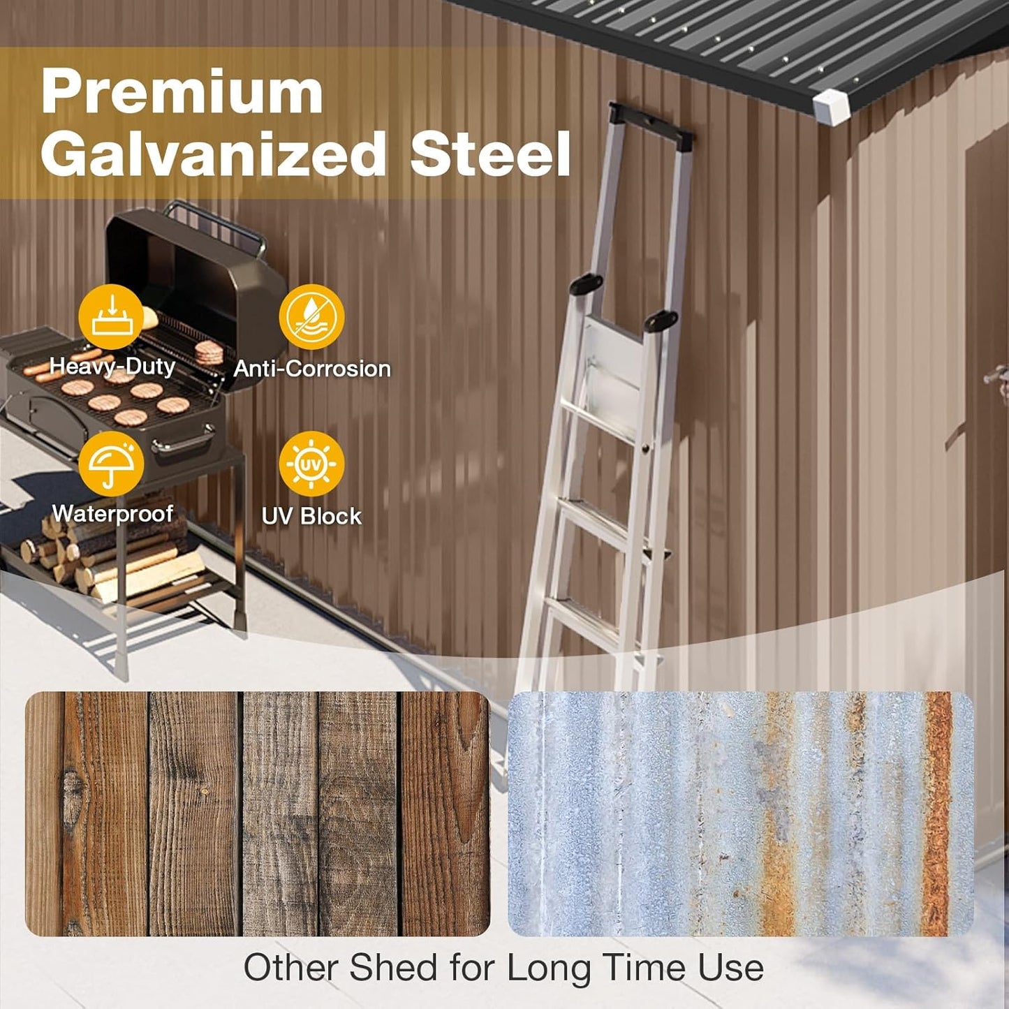 10x8 FT Outdoor Metal Storage Shed with Floor & Lockable Double Doors, Heavy-Duty Galvanized Steel Outdoor Shed for Bike, Tool, Generator Storage in Backyard, Patio (10’x8’, Floor)