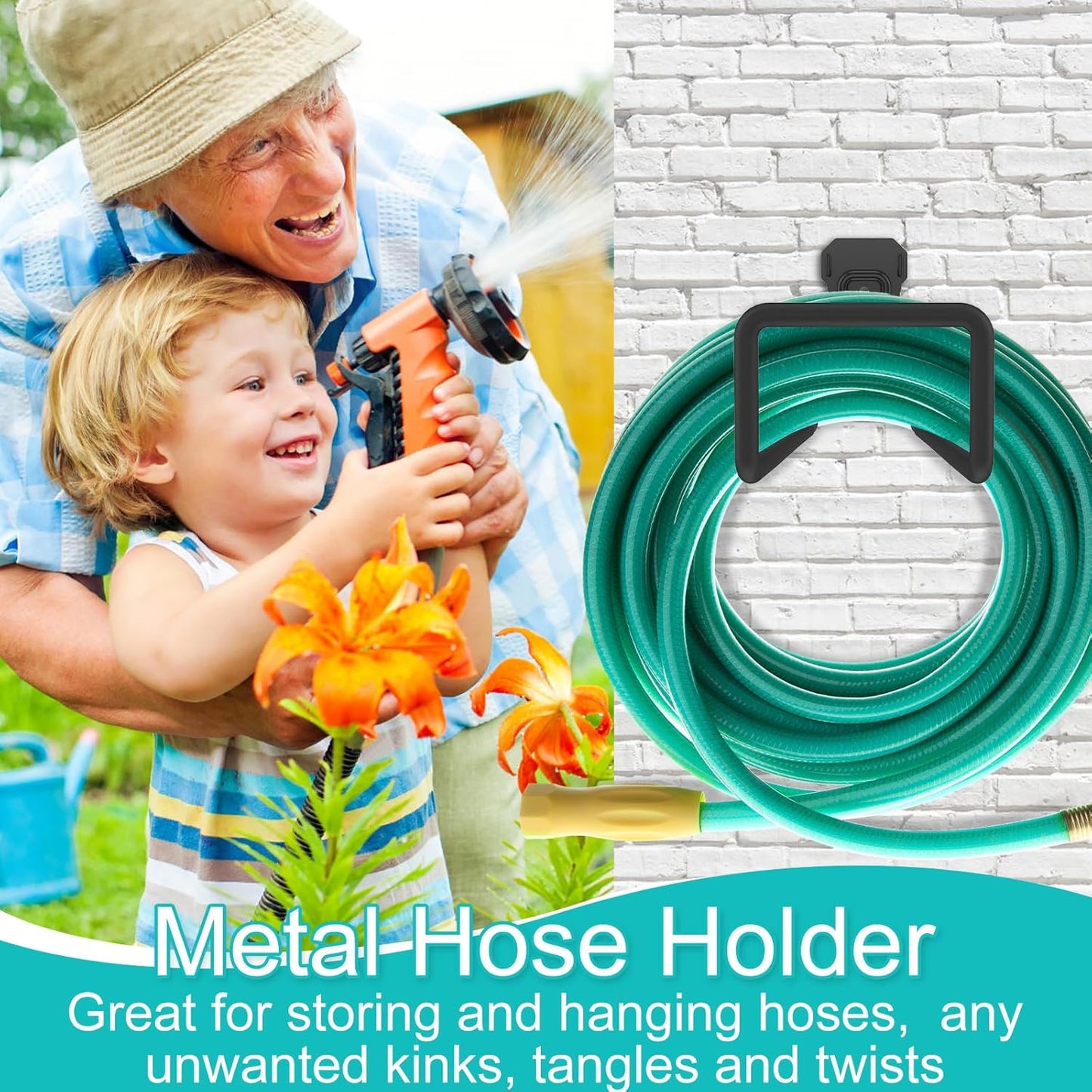 4PCS Metal Garden Hose Hook Heavy Duty Water Hose Hook Wall Mounted Garage Hook Sturdy Storage Bracket Stand Organizer160lbs for Outside Yard Water Extension Cords Black