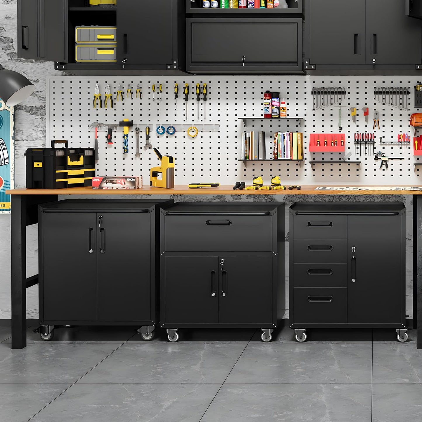 Metal Tool Cabinet,Garage Storage Cabinet System,Wall Cabinet & Locking Rolling Tool Cabinet with Doors and Adjustable Shelves,Steel Tool Cabinets for Home,Office (2 Pcs-Styled, Black)