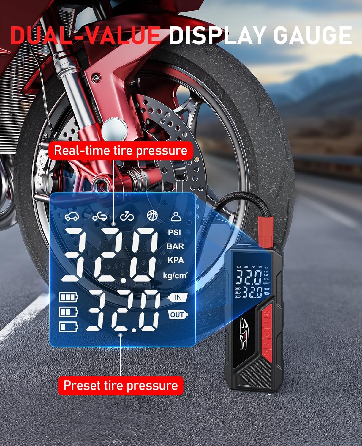 Tire Inflator Portable Air Compressor, Cordless Air Pump for Car Tire 150PSI, Battery & 12V DC, Electric Bike Pump with Pressure Gauge, Auto Shutoff, for Bicycle, Ball, Motorcycle Accessories