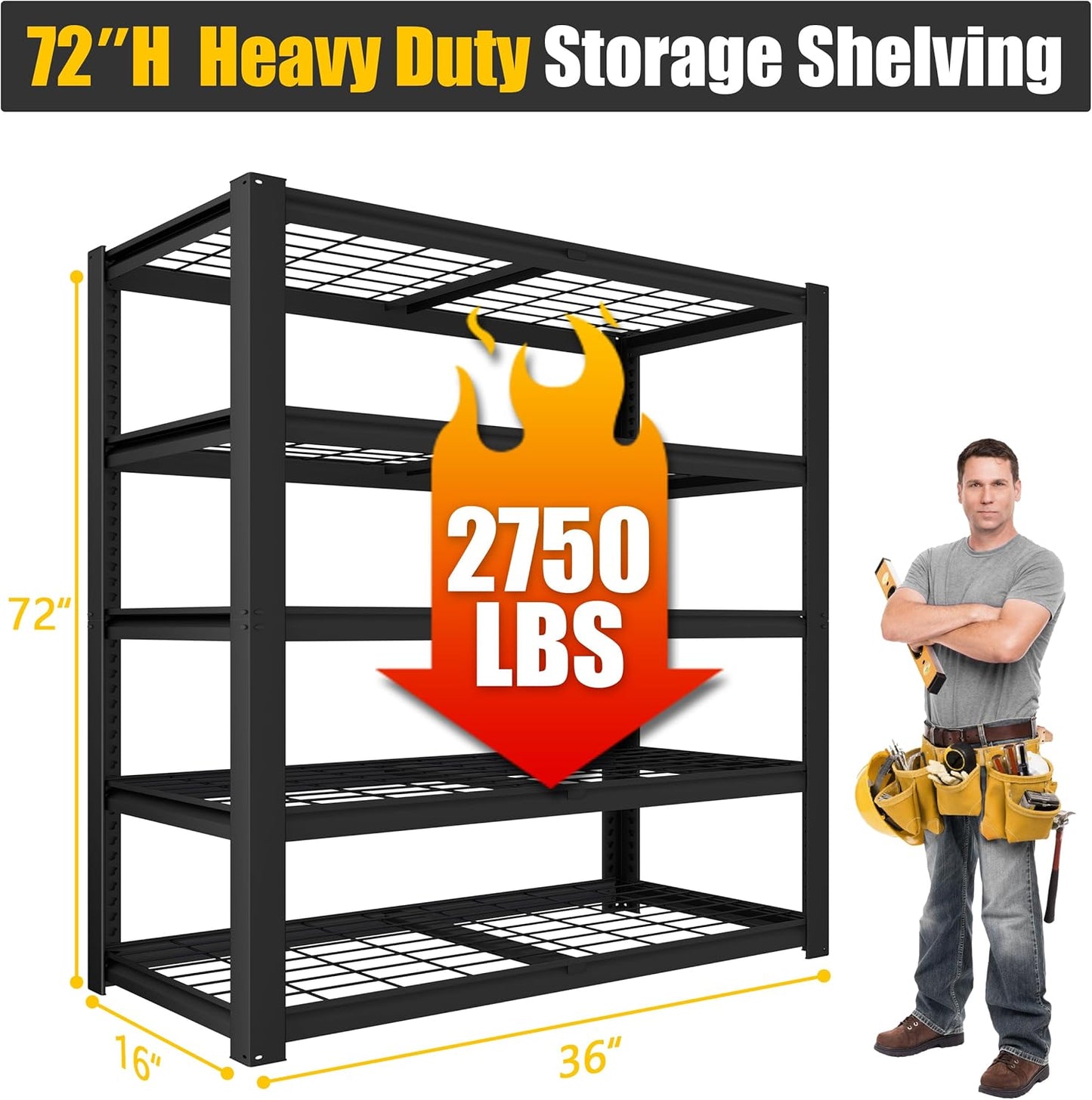 PrimeZone Heavy Duty Garage Shelving 5 Tier Heavy Duty Storage Shelves Adjustable Industrial Metal Wire Shelf Unit for Garage,Basement,Pantry,Warehouse,Commercial,36" W X 16" D X 72" H 3Pack