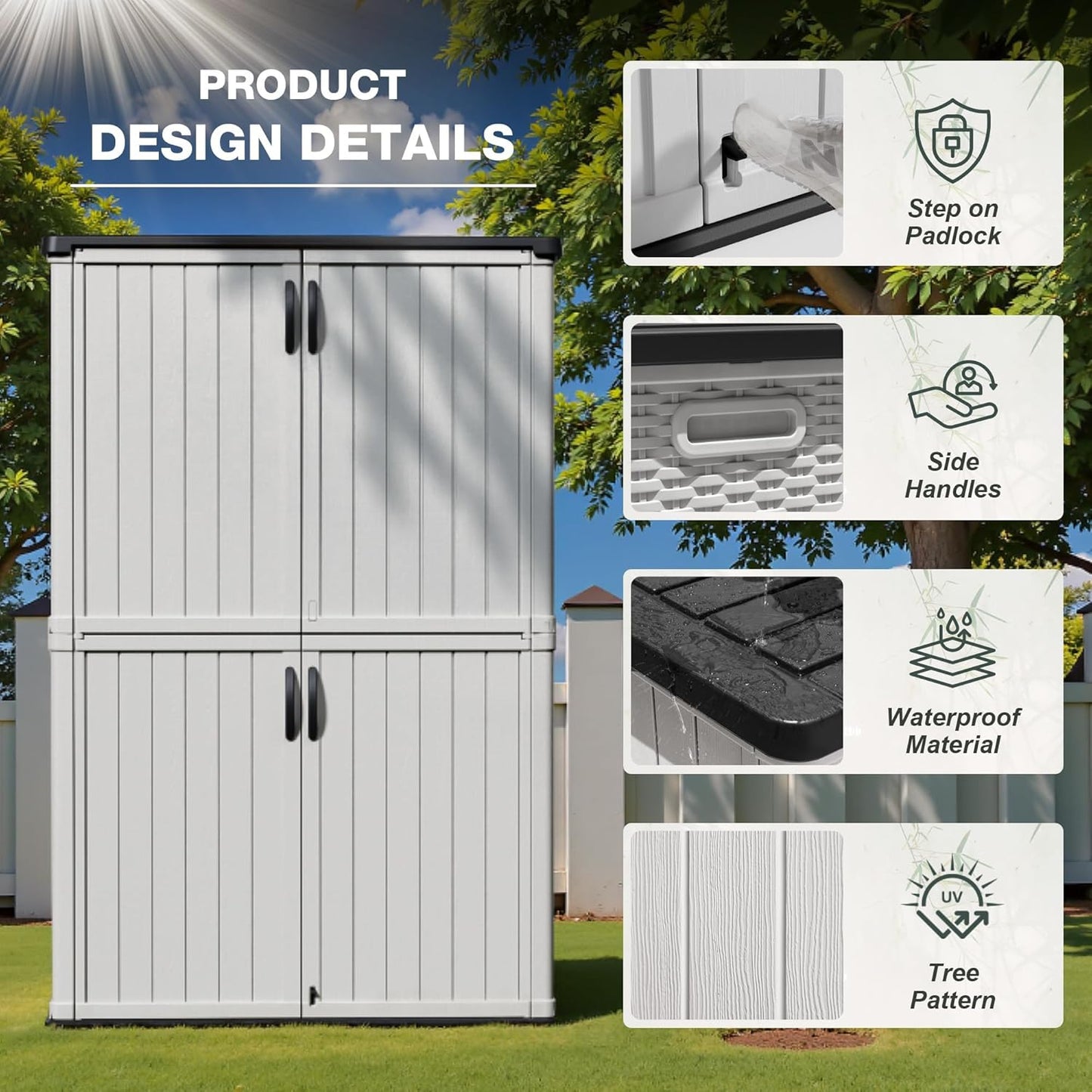 Greesum Outdoor Storage Cabinet Without Shelves, 45 cu.ft Outdoor Waterproof Storage Shed for Garden Tools, Pool Storage, Garbage Cans, White
