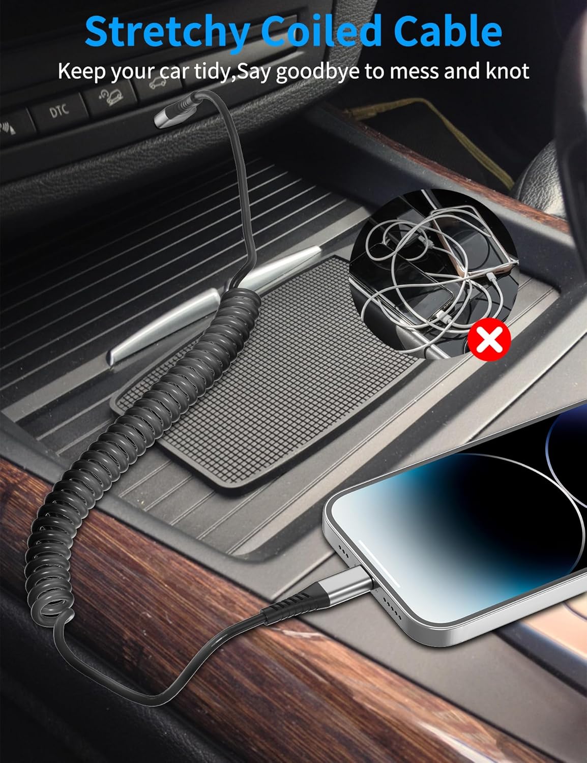 Coiled USB C to Lightning Cable for Car 2 Pack, 3FT Apple Carplay Cable, Short Retractable iPhone Charger Fast Charging Cord for iPhone 14 13 12 11 Pro Max Xs X Xr 8/Airpods