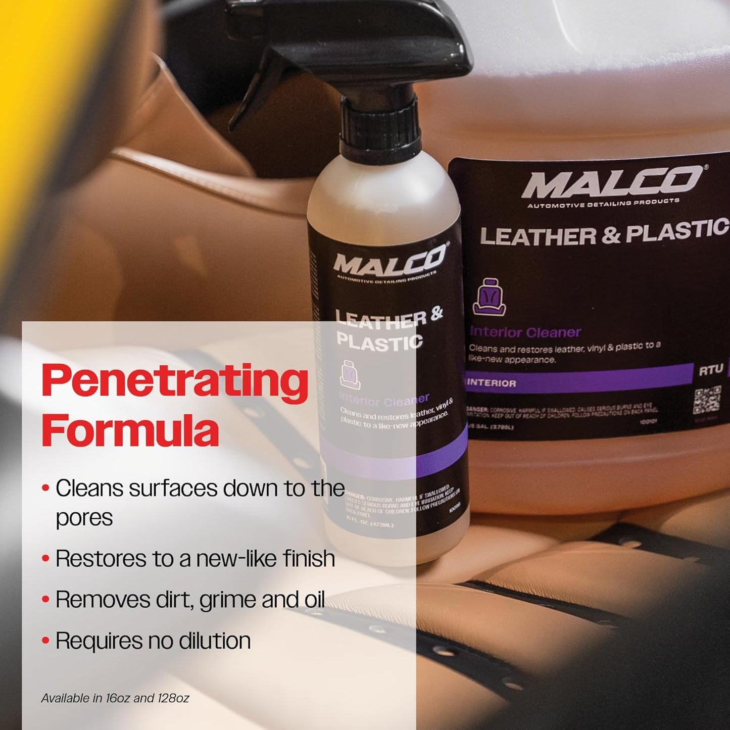Malco Leather & Plastic Cleaner – Penetrates Deep to Remove Dirt, Grime and Oily Soils/Restores Leather, Plastic and Vinyl/Leaves Surfaces Clean, Shiny and Film-Free / 16 Oz. (100116)