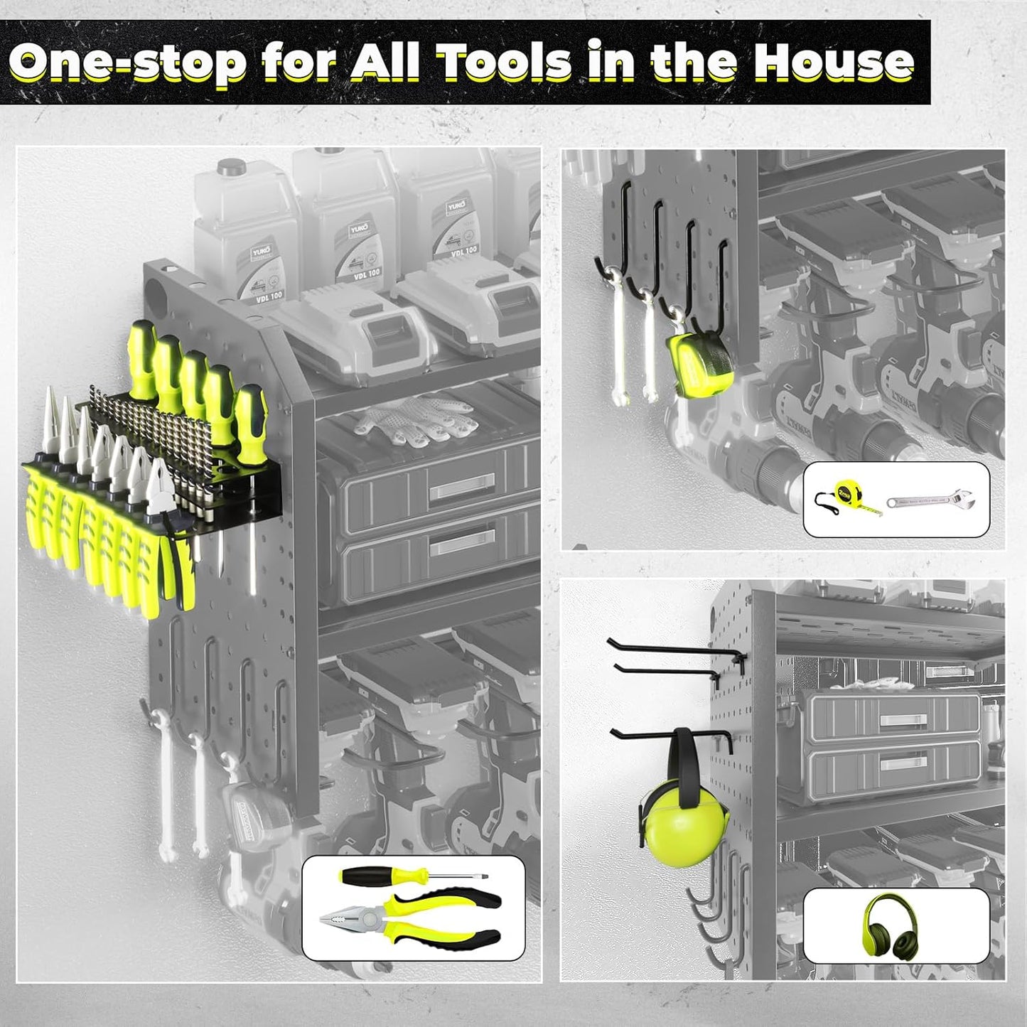 KAFAHOM Power Tool Organizer, Large 8 Drill Holder Wall Mount with 2 Side Pegboards, Heavy Duty Metal Tool Shelf with 12 Hooks, Storage Rack for Garage Organization, Utility Battery Shelves - Green