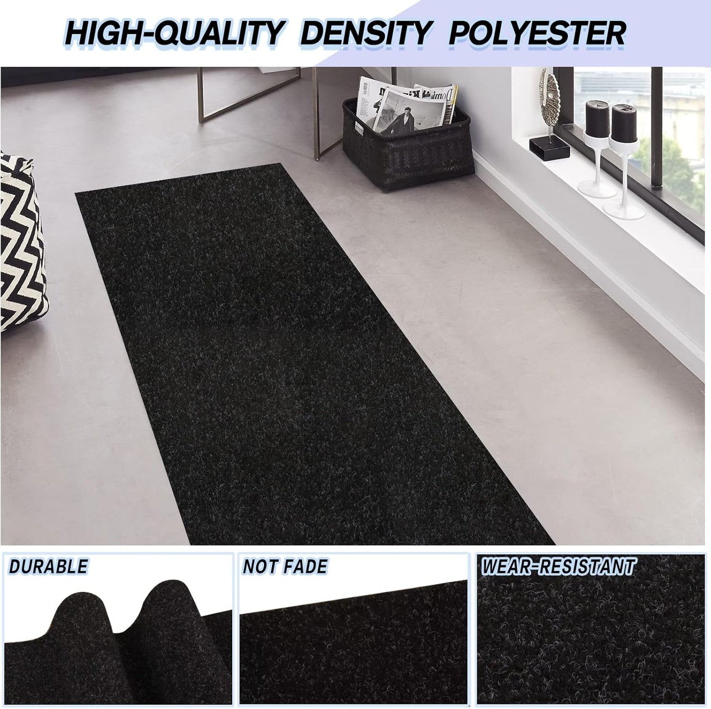Custom Size Backed Non-Slip Area Rugs Runner, Easy Clean, Waterproof Runner Rugs for Hallway Entryway, Kitchen, Laundry, 4FT x 68FT, Black