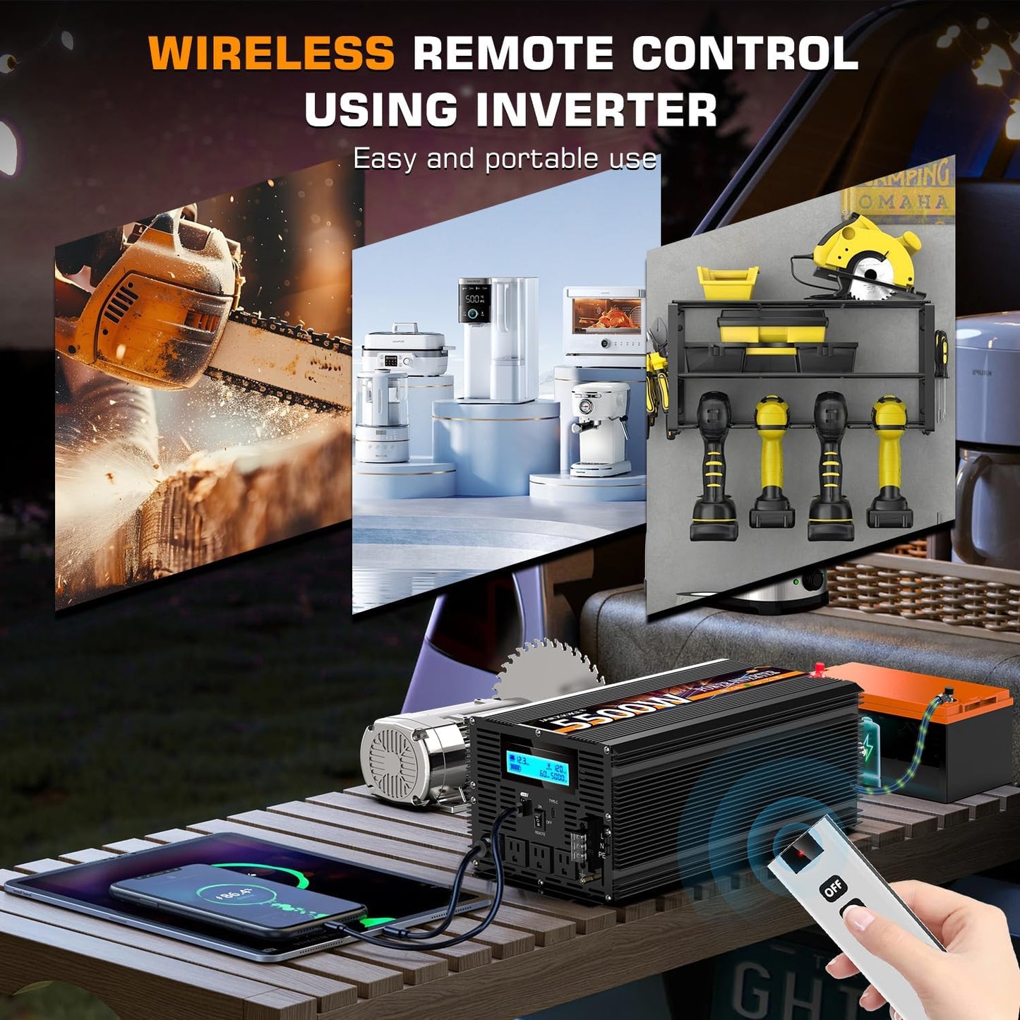 5500 Watt Power Inverter 12V DC to 110V 120V Converter for Family RV Off Grid Solar System Car with Type-C Ports 3 AC Power Outlets Dual USB Ports LCD Display Wireless Remote Control