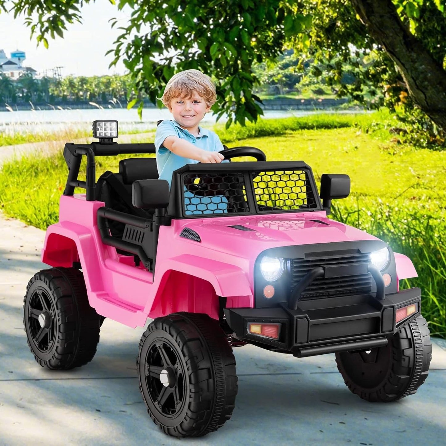 OLAKIDS Kids Ride On Truck, 12V Electric Vehicle Jeep Car with Remote Control, Toddlers Battery Powered Toy with 2 Speeds, Spring Suspension, Double Open Doors, LED Lights, Music, TF, USB, Mp3 (Pink)