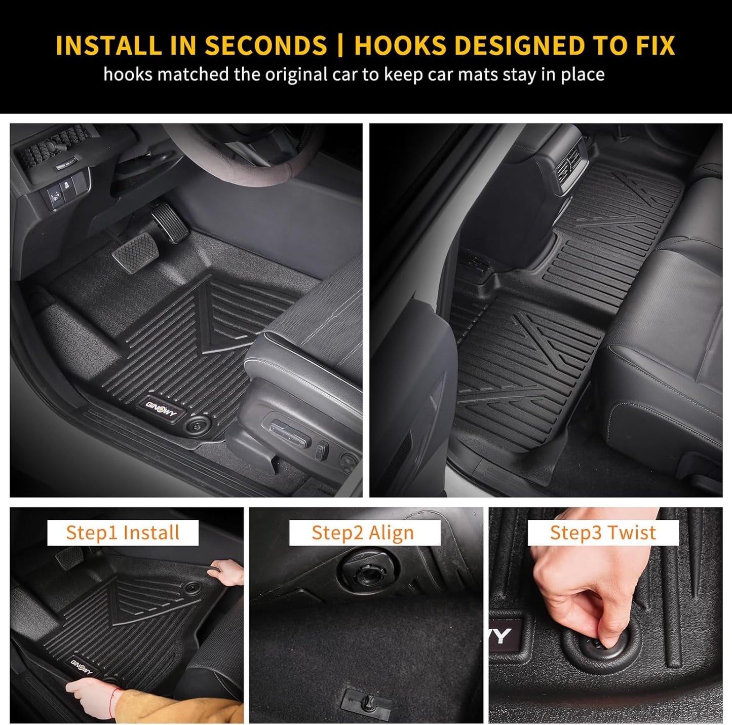 GINOWY- Floor Mats for Kia Seltos 2020-2024 2025, TPE All Weather Protection Mats for Kia Seltos 2024, Custom Seltos Floor Liners Non-Slip Waterproof Automotive Accessories, Black