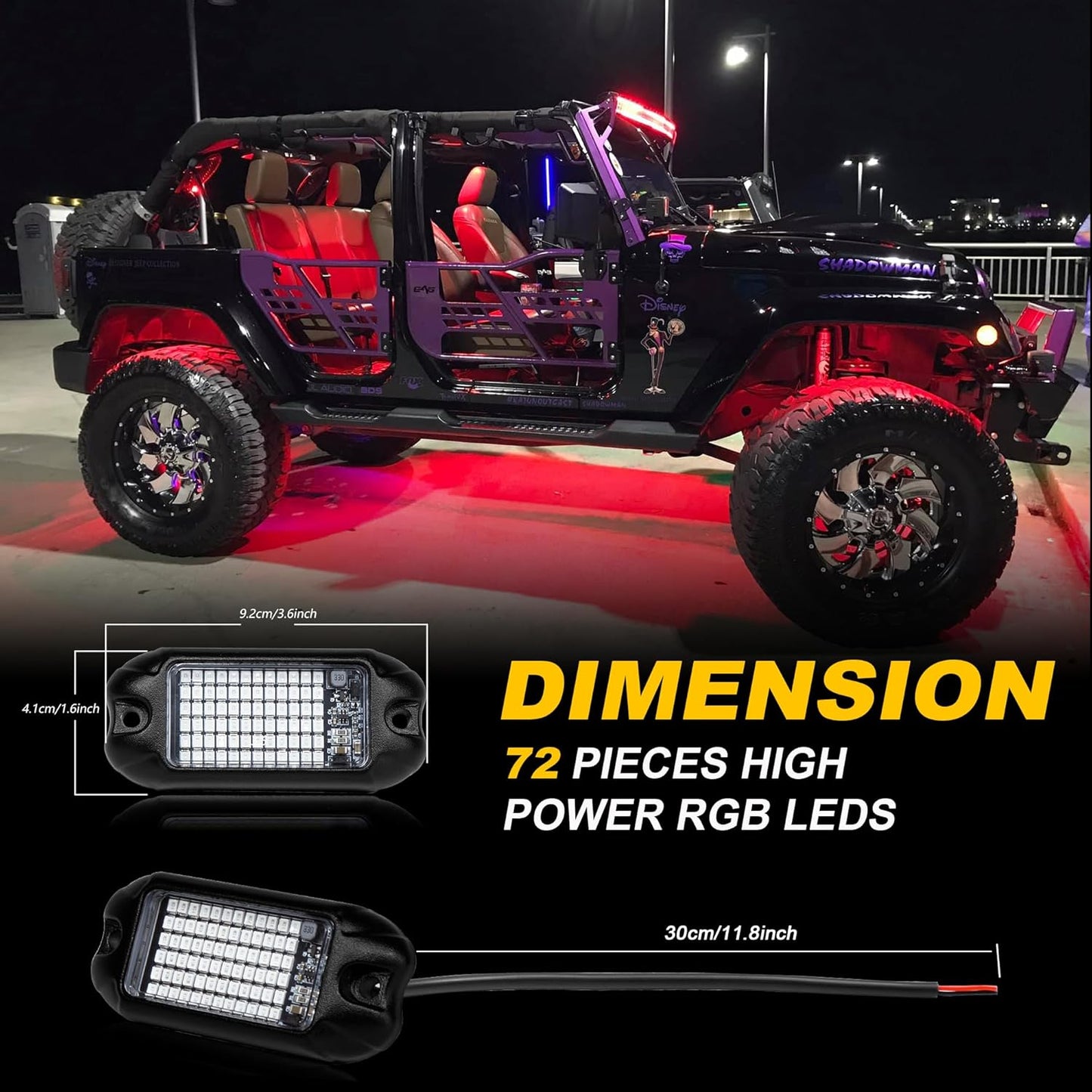 Nicoko 4Pods Pure Red LED Rock Lights 72 pcs LEDs high Power Rock Lights Neon Underglow Light for Car Trucks ATV UTV SUV Boat Underbody Glow Trail Rig Lights IP68 Waterproof