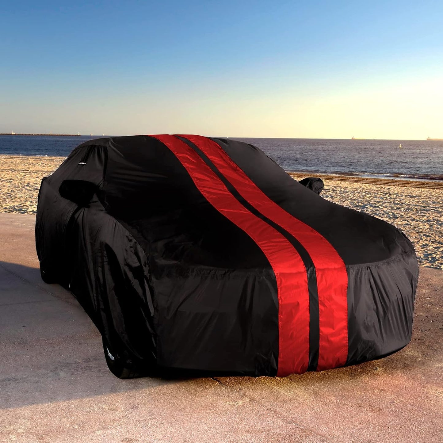 iCarCover Custom Car Cover Compatible with Mustang 2005-2025, Waterproof All Weather Rain Snow UV Sun Protector Full Exterior Indoor Outdoor Car Covers, Stripe (Black/Red)