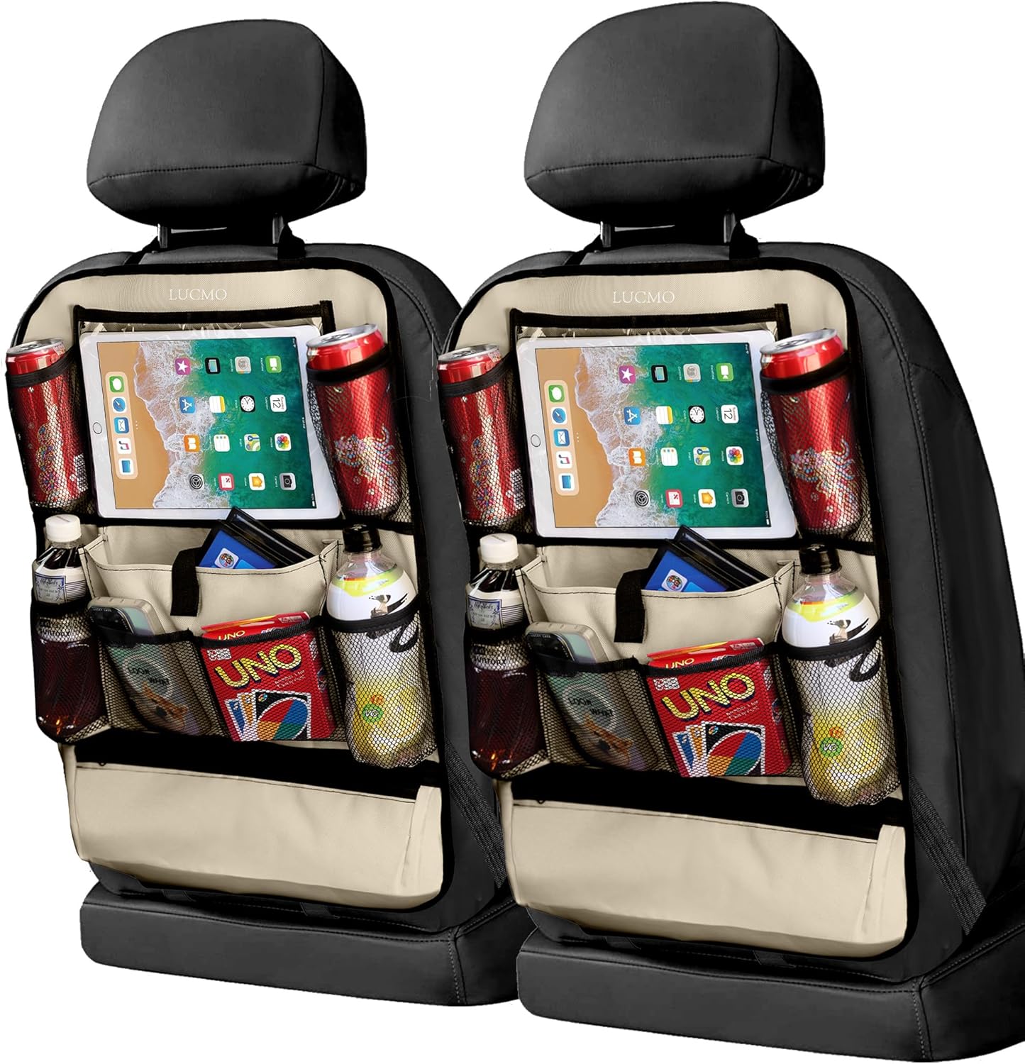 LUCMO Car Backseat Organizer with Touch Screen Tablet Holder-2 Pcs,9 Storage Pockets Car Storage Organizer Protectors Kick Mats Travel Accessories for Kids-Beige