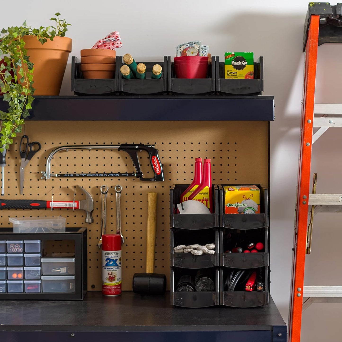 IRIS USA Plastic Shelf Bins Stackable Open Front Storage Bins Plastic Hanging Organizer Bin Caddy Basket for Hardware Crafts, Small Parts, Nuts and Bolts, Tool Storage - Large Black 8 Pack