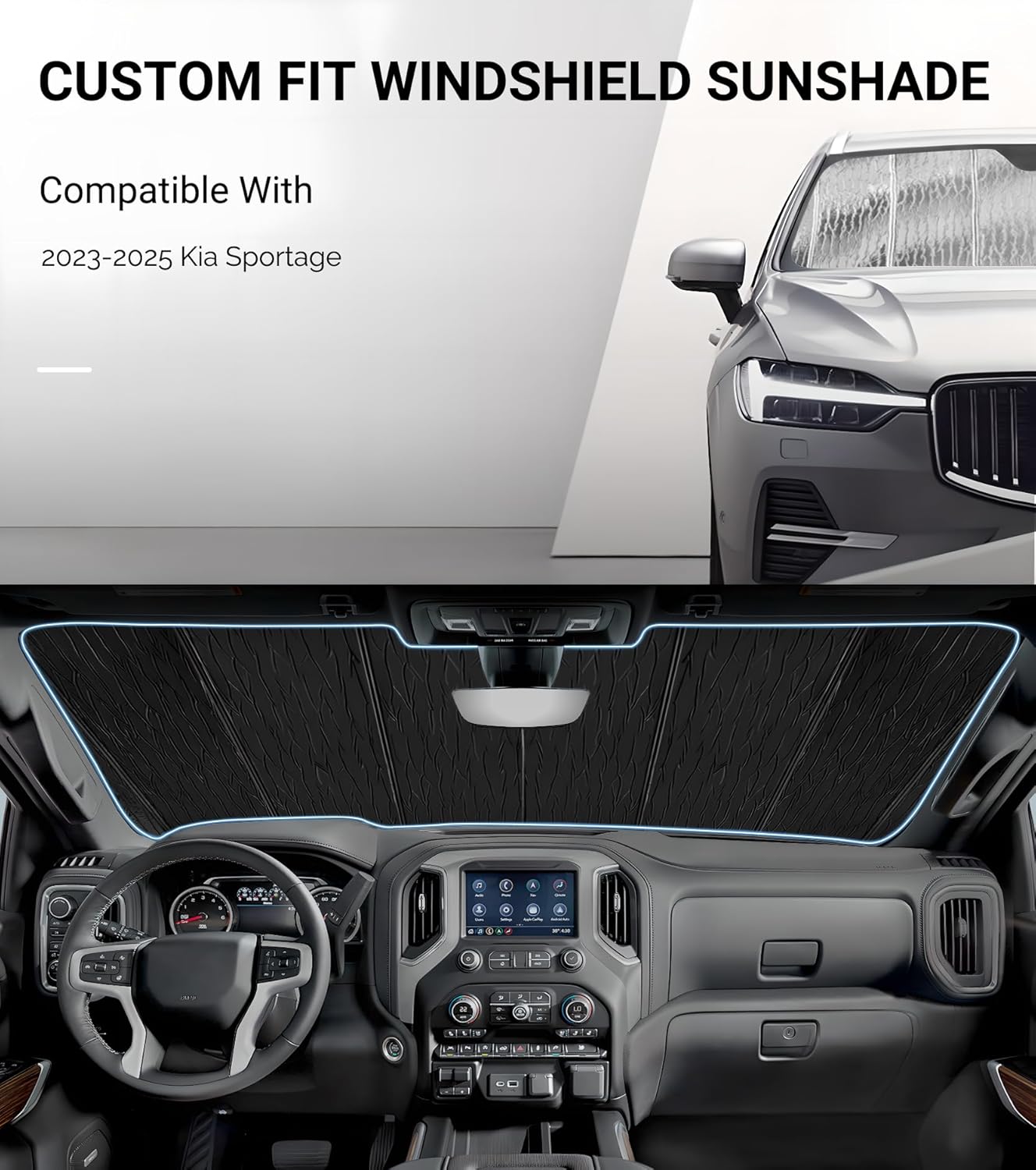 Windshield Sun Shade for Kia Sportage 2023-2025,Front Window Sunshade Shield, 2-in-1 Reflective Sun Shade,Silver for Summer, Black for Winter
